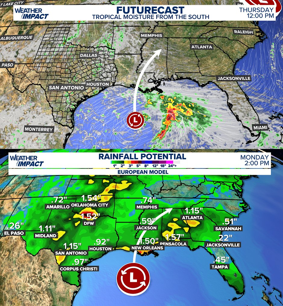 RShoptaugh's tweet photo. TROPICAL LOW IN THE GULF ⛈️ Good news, this stays disorganized. Wind shear will keep it weak. However, disorganized tropical lows can spread out rain everywhere! Expect clouds and scattered rain with some storms into the weekend. #txwx https://t.co/a2buRq7D2s