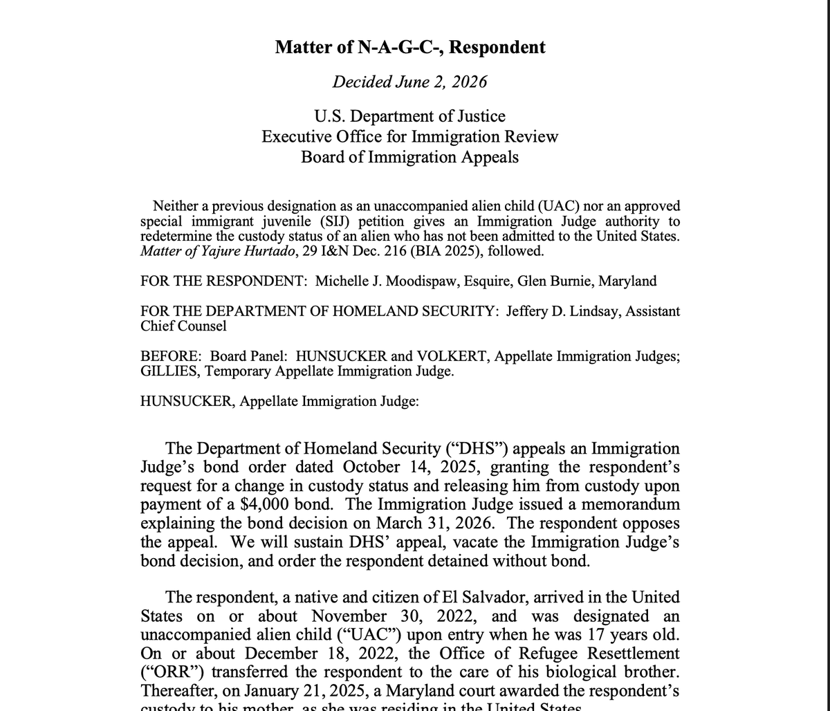 NicoletteGlazer's tweet photo. 🚨 NEW and horrible: BIA doubles down on Matter of Yajure Hurtado and holds that neither prior designation as an UIC or approved Special Juvenile petition  alter the 235(b) mandatory detention designation and orders the bond granted by the IJ vacated and the 21 years old non-citizen -- who has an approved SIIJ and appears prima facie eligible for adjustment of status -- detained without bond. JFC!