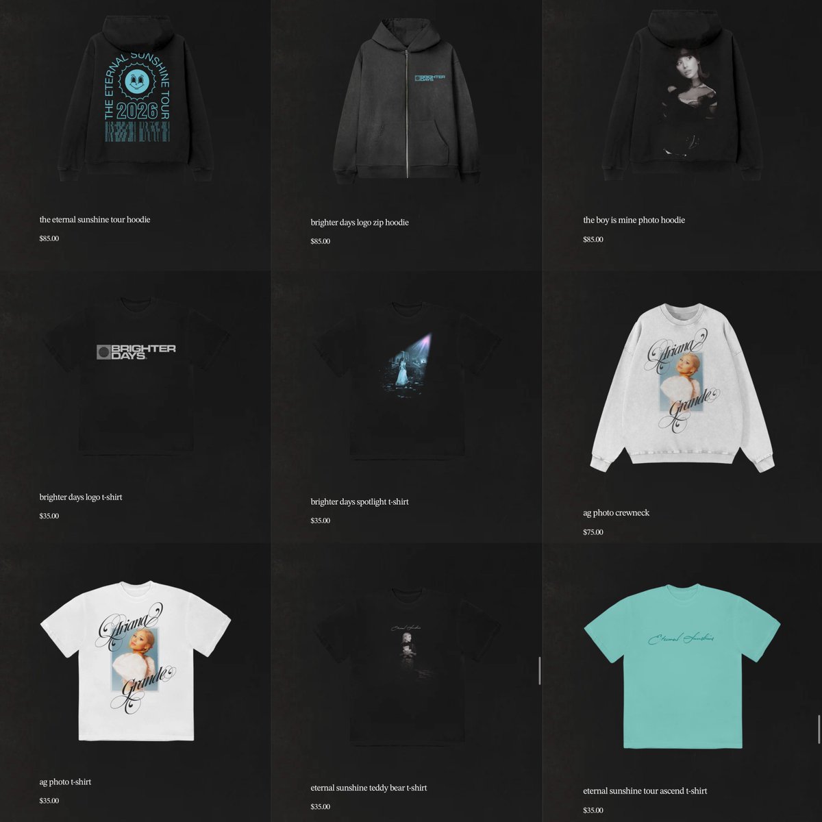 theegrandeheels's tweet photo. the official merch for “the eternal sunshine tour” is now available for purchase, get yours:

https://t.co/jZigDurVGe https://t.co/fijKfUT5Hb