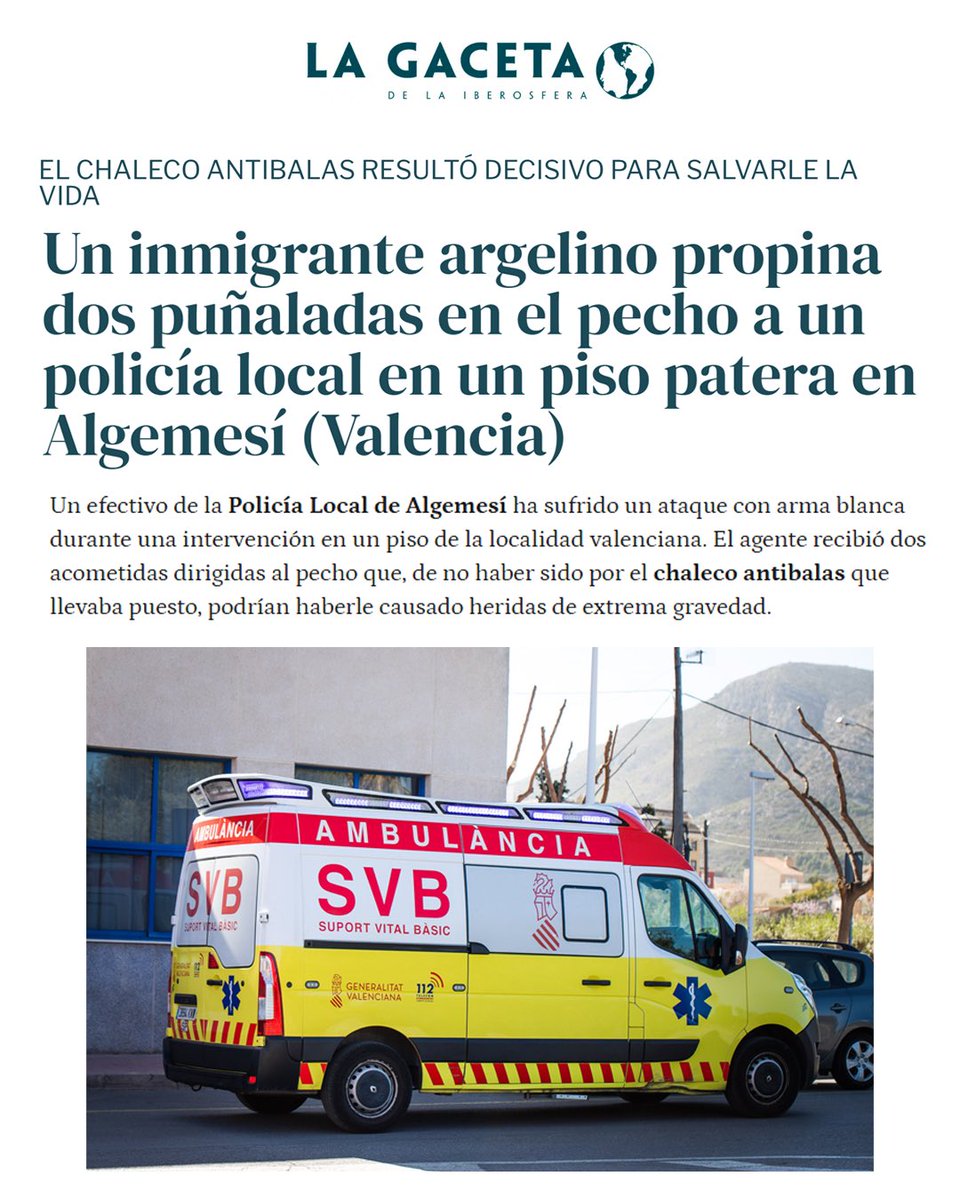 vox_cv's tweet photo. 🚨 SEGUNDO apuñalamiento a un policía en Valencia en cuestión de días.

👉Esta vez en Algemesí. Un inmigrante argelino ha intentado apuñalar en el pecho a un Policía Local. De nuevo, el chaleco le ha salvado la vida.

‼️‼️La situación es INSOSTENIBLE. Mientras el Gobierno promueve regularizaciones masivas, nuestros agentes se juegan la vida a diario. 

🔴Fronteras seguras y billete de vuelta YA.