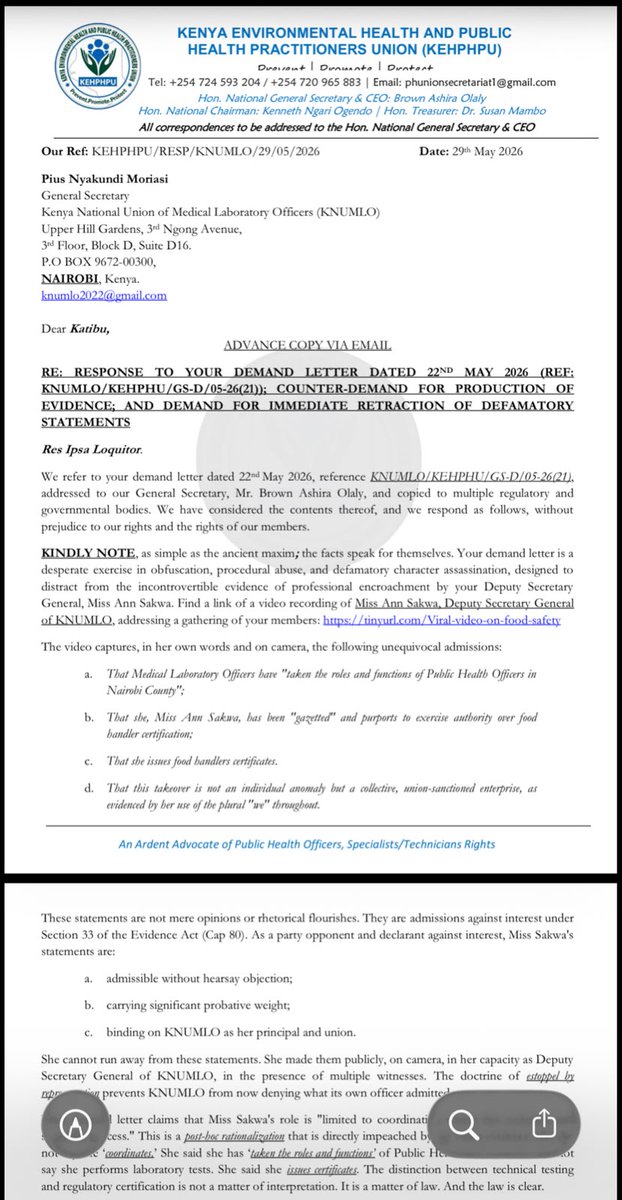 KEHPHPU's tweet photo. KEHPHPU RESPONSE TO KNUMLO DEMAND LETTER REGARDING FOOD HANDLERS CERTIFICATE WITHIN NAIROBI CITY COUNTY.
#stateofhealth #healthcarekenya #publichealth #publichealthmatters https://t.co/wKgayIAY2m