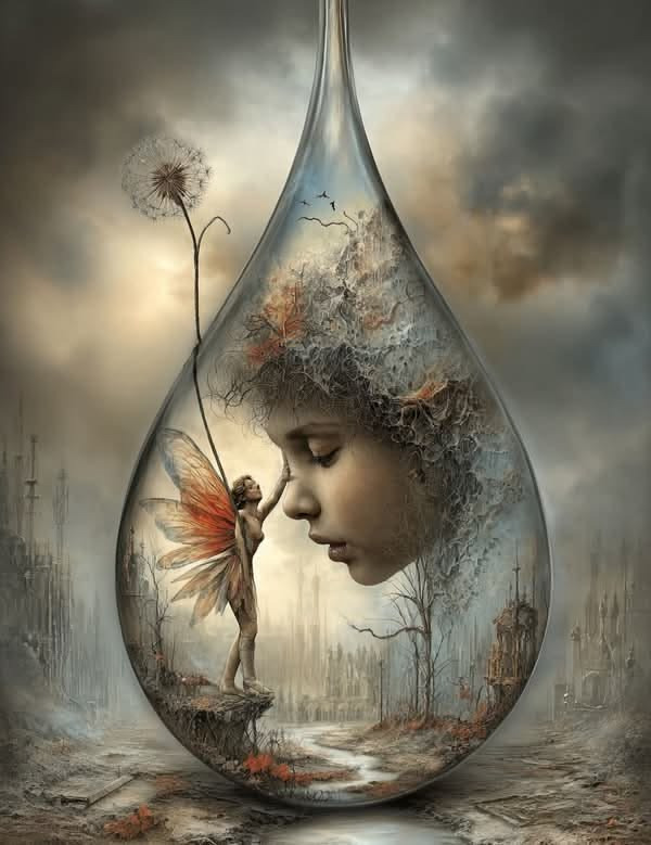 bionicanadian's tweet photo. Poet @13thWordSmith #13thwordsmith used my prompt word/phrase: tear suspended in sorrow and pic⬇️ 

A teardrop,
Drops suspended—

Barren as the land
Desolate to the sorrow of a fairy,
Lost in the unknown haze—
A waves distance from where it began,
As a dandelion seed surely carries;

A desolate dream it was,
Germinated—

Now filled with ethereal dreams
of nature's wonder carried in a fallen tear.

A message in a bottle.