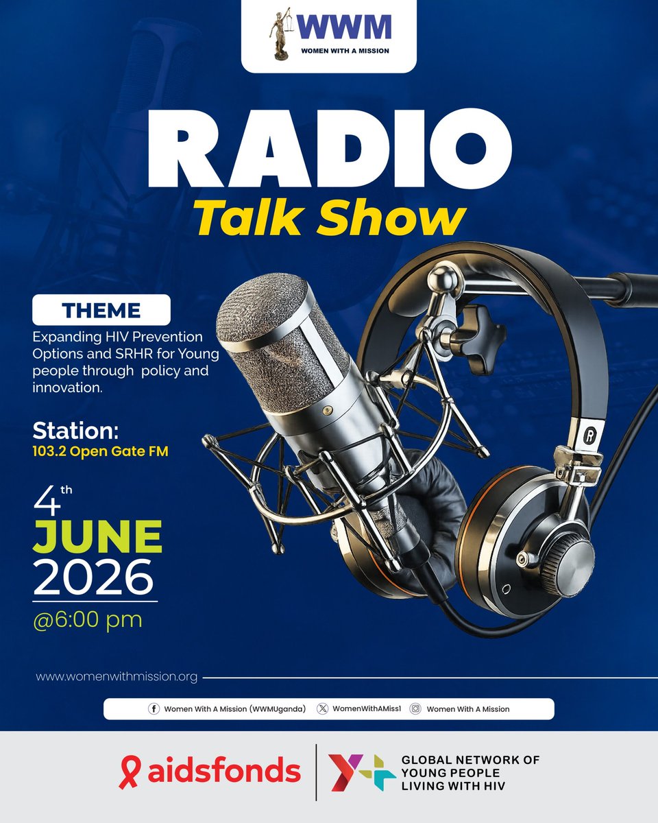 WomenWithAMiss1's tweet photo. Kindly Join Us for a Radio Talk Show

Join us for a candid discussion on "Expanding HIV Prevention Options and Sexual and Reproductive Health and Rights (SRHR) for Young People through Policy and Innovation."

📅 Date: 4 June 2026
📻 Station: 103.2 Open Gate FM
⏰ Time: 5:00 PM – 6:00 PM

We look forward to your participation in this important conversation as we explore innovative approaches and policy interventions to enhance HIV prevention and SRHR services for young people.

Feel free to share this invitation with your networks.