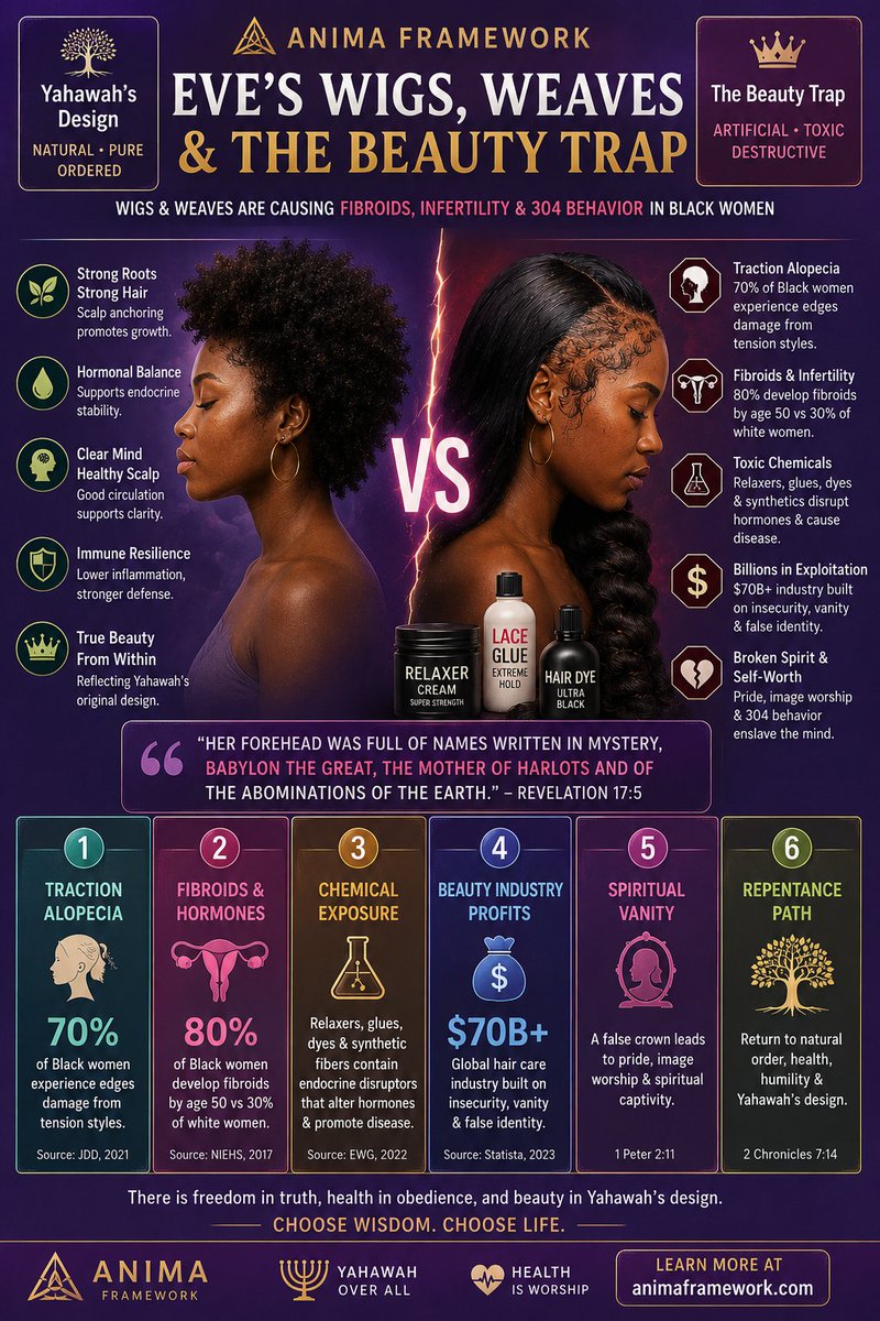AnimaFramework's tweet photo. 📖 Isaiah 3:24 – “Instead of well-set hair baldness; and burning instead of beauty.”
🔥 https://t.co/kGmSnBMcel
🚨 EVE'S OBSESSION WITH WIGS & WEAVES IS MORE THAN VANITY—IT'S A CURSE! 🚨
🔴 Wigs Are Destroying Her Mind, Body & Spirit!

🔹 SPIRITUAL: She adopts the ways of the Shedomite woman, becoming prouder, more rebellious & promiscuous.

🔹 PHYSICAL: Fibroids, hair loss, and hormonal imbalances—her own body is rejecting her fake beauty.

🔹 BIOLOGICAL: Wigs, weaves & relaxers are linked to infertility, cancer, and severe health issues.
📖 1 Corinthians 3:16-17 – “If any man defile the temple of Yahawah, him shall Yahawah destroy.”
🔥 THE SCIENCE EXPOSES THE CURSE! 🔥

📊 80% of Black women suffer from fibroids by age 50.

📊 Hair relaxers & wig glue contain chemicals that cause uterine cancer.

📊 Black women spend over $1 BILLION per year on synthetic & human hair.

📊 Most human hair for wigs comes from Hindu ritual sacrifices to false gods!
📖 Proverbs 3:31 – “Envy thou not the oppressor, and choose none of his ways.”
🚨 EVE IS WEARING HAIR SACRIFICED TO DEMONS & WONDERING WHY SHE'S CURSED! 🚨
🔥 MULTIPLE HUSBANDS, FIBROIDS & THE SPIRIT OF WHOREDOM! 🔥
🔹 Women who wear wigs & weaves are statistically more likely to have multiple partners.

🔹 Semen from different men alters a woman’s DNA, affecting her body & spirit.

🔹 Eve’s body is breaking down because she rejects Yahawah’s order!
📖 Jeremiah 2:33 – “Why trimmest thou thy way to seek love?”
🚨 Her wigs symbolize her rebellion, her false beauty, and her spiritual defilement!
🔥 THE FINAL CURSE: BABYLON IS FALLING & EVE IS FULLY ASSIMILATED! 🔥
📌 She refuses to repent—so Yahawah is smiting her body.

📌 She looks like the Shedomite—so she adopts her whore’s mentality.

📌 She trusts Babylon’s beauty standards—so she will perish with Babylon.
📖 Revelation 18:4 – “Come out of her, my people, that ye be not partakers of her sins.”
🚨 THE WIG OBSESSION IS A FINAL SIGN OF BABYLON’S COLLAPSE! 🚨
🔥 ALL PRAISES TO YAHAWAH BAHASHAM YAHAWASHI! EVE MUST WAKE UP BEFORE IT’S TOO LATE! 🚀🔥🔥🔥
🔴 SHARE & WAKE UP THE DAUGHTERS OF ZION! 🔴
🔥 https://t.co/kGmSnBMcel
