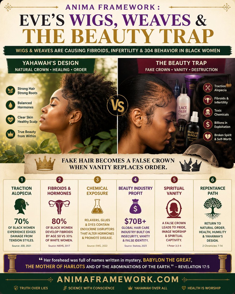 AnimaFramework's tweet photo. 📖 Isaiah 3:24 – “Instead of well-set hair baldness; and burning instead of beauty.”
🔥 https://t.co/kGmSnBMcel
🚨 EVE'S OBSESSION WITH WIGS & WEAVES IS MORE THAN VANITY—IT'S A CURSE! 🚨
🔴 Wigs Are Destroying Her Mind, Body & Spirit!

🔹 SPIRITUAL: She adopts the ways of the Shedomite woman, becoming prouder, more rebellious & promiscuous.

🔹 PHYSICAL: Fibroids, hair loss, and hormonal imbalances—her own body is rejecting her fake beauty.

🔹 BIOLOGICAL: Wigs, weaves & relaxers are linked to infertility, cancer, and severe health issues.
📖 1 Corinthians 3:16-17 – “If any man defile the temple of Yahawah, him shall Yahawah destroy.”
🔥 THE SCIENCE EXPOSES THE CURSE! 🔥

📊 80% of Black women suffer from fibroids by age 50.

📊 Hair relaxers & wig glue contain chemicals that cause uterine cancer.

📊 Black women spend over $1 BILLION per year on synthetic & human hair.

📊 Most human hair for wigs comes from Hindu ritual sacrifices to false gods!
📖 Proverbs 3:31 – “Envy thou not the oppressor, and choose none of his ways.”
🚨 EVE IS WEARING HAIR SACRIFICED TO DEMONS & WONDERING WHY SHE'S CURSED! 🚨
🔥 MULTIPLE HUSBANDS, FIBROIDS & THE SPIRIT OF WHOREDOM! 🔥
🔹 Women who wear wigs & weaves are statistically more likely to have multiple partners.

🔹 Semen from different men alters a woman’s DNA, affecting her body & spirit.

🔹 Eve’s body is breaking down because she rejects Yahawah’s order!
📖 Jeremiah 2:33 – “Why trimmest thou thy way to seek love?”
🚨 Her wigs symbolize her rebellion, her false beauty, and her spiritual defilement!
🔥 THE FINAL CURSE: BABYLON IS FALLING & EVE IS FULLY ASSIMILATED! 🔥
📌 She refuses to repent—so Yahawah is smiting her body.

📌 She looks like the Shedomite—so she adopts her whore’s mentality.

📌 She trusts Babylon’s beauty standards—so she will perish with Babylon.
📖 Revelation 18:4 – “Come out of her, my people, that ye be not partakers of her sins.”
🚨 THE WIG OBSESSION IS A FINAL SIGN OF BABYLON’S COLLAPSE! 🚨
🔥 ALL PRAISES TO YAHAWAH BAHASHAM YAHAWASHI! EVE MUST WAKE UP BEFORE IT’S TOO LATE! 🚀🔥🔥🔥
🔴 SHARE & WAKE UP THE DAUGHTERS OF ZION! 🔴
🔥 https://t.co/kGmSnBMcel