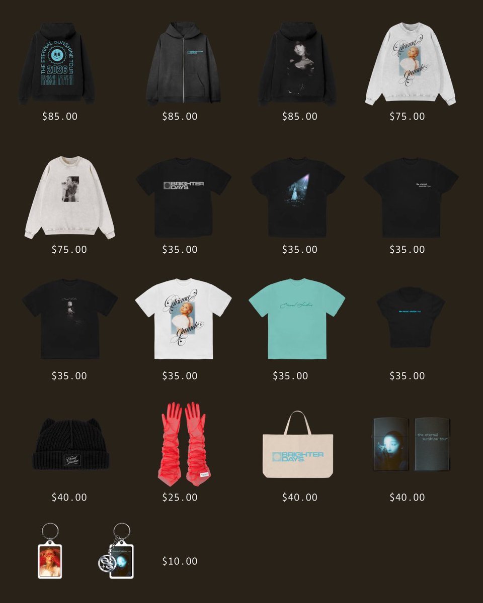 arianatorontour's tweet photo. new ariana merch for the eternal sunshine has been released on her website along with a section of her website “tour hub” ꕤ https://t.co/Ced5n99TO5