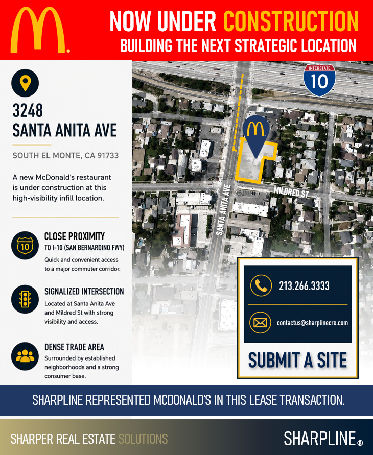 SharpLinecre's tweet photo. McDonald’s location in South El Monte is currently under construction, with close proximity on 1-10 Freeway visibility and a signalized infill corner.
Still expanding.  Retail land, pads, or existing space? Submit your site 📷213.266.3333 or email us at contactus@sharplinecre.com https://t.co/YAzGk8gbDk