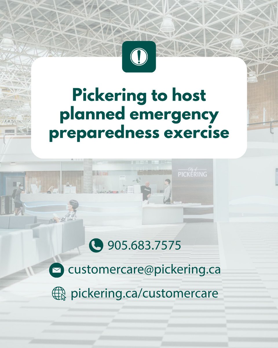 CityofPickering's tweet photo. HAPPENING TOMORROW! The City of Pickering is hosting a planned emergency preparedness exercise⬇️

🗓️Wednesday, June 3 from 8 am to 3 pm
📍Chestnut Hill Developments Recreation Complex

The joint exercise, hosted by the City and managed by Regional Emergency Social Services, will focus on the activation, operation, and demobilization of a municipal evacuation centre. 

Throughout the day, community members may notice MOCK emergency activities taking place as part of the scheduled training exercise.

These exercises allow the City and its regional partners to🔽

✅simulate emergency scenarios
✅test critical systems
✅strengthen coordination
✅build a safer, more resilient, and well-prepared community 

Fire Services will also be onsite in the lobby to discuss all things fire safety🧑‍🚒🚒

Visit https://t.co/EojqEHQCfi to learn more about emergency preparedness! 

#EmergencyPreparedness #DurhamRegion