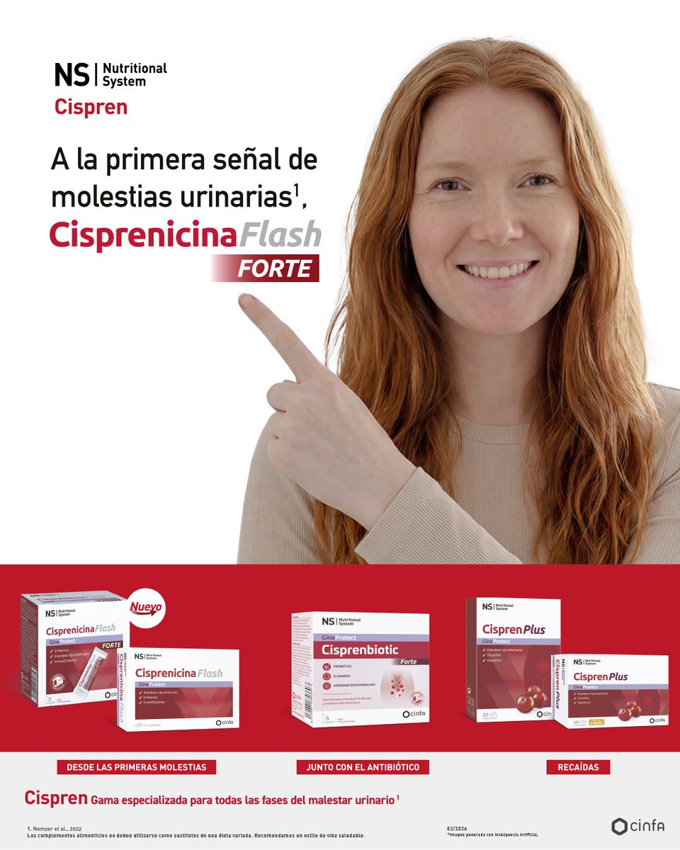 Ns_Cinfa's tweet photo. En verano aumentan las molestias urinarias por humedad, viajes o cambios de temperatura. NS Cisprenicina Flash Forte actúa desde las primeras señales gracias a su fórmula con arándano rojo, D-manosa y N-acetilcisteína.

Pregunta por la gama NS Cispren en tu farmacia. https://t.co/J0f74fmkC7