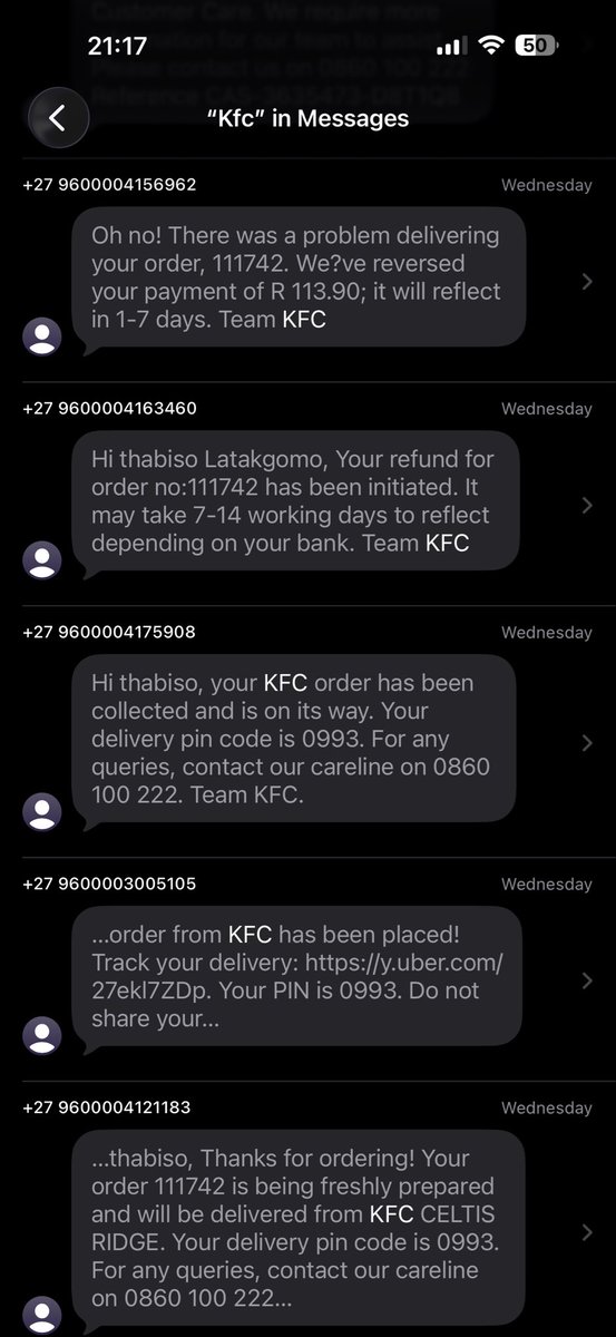 TjayITMan's tweet photo. Hi @KFCSA, I ordered wings on Wednesday last week (Order #111742). I received messages saying my order couldn't be delivered and that my refund was initiated, but it's now been 7 days and I still haven't received my money. What's even more frustrating is being told they called. https://t.co/t4qiAUqDU4