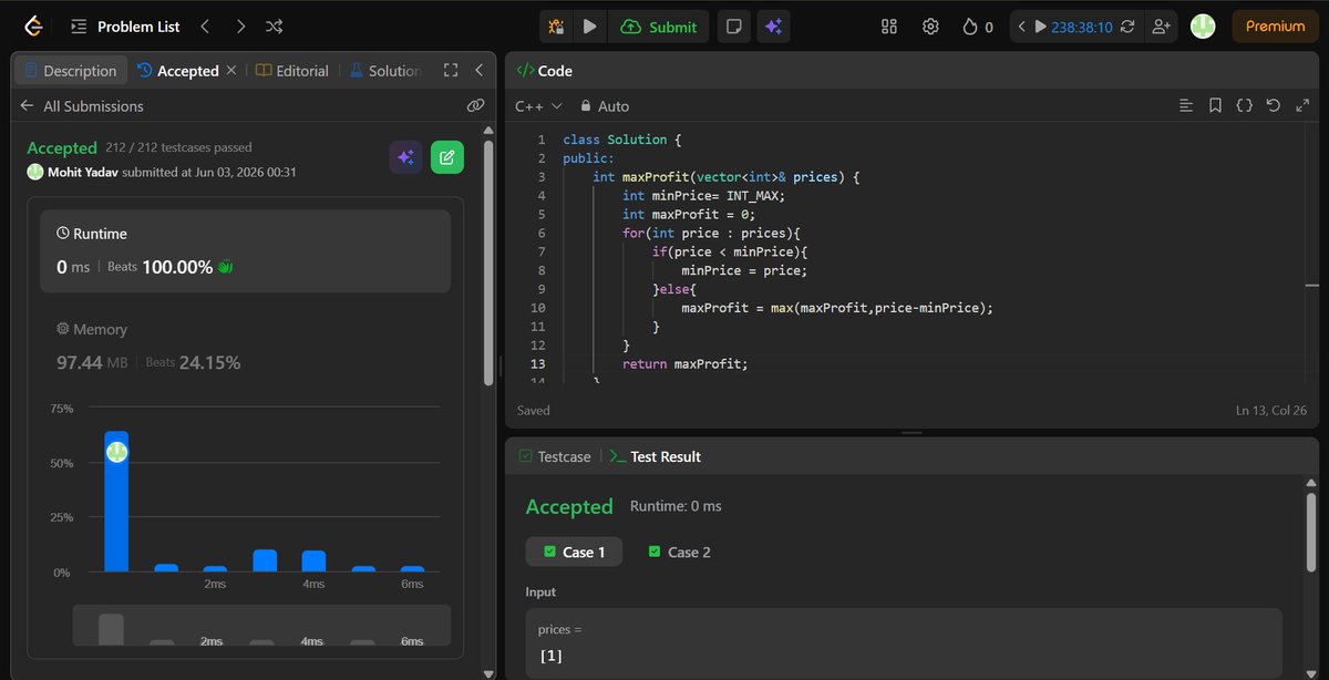 Mont_y_adav001's tweet photo. 🗓️ Day 2 – #SDESheetChallenge
✅Kadane's Algorithm
✅Sort an Array of 0's, 1's &amp; 2's
✅Stock Buy and Sell
Solved all 3 problems using both brute-force and optimized approaches.
Completed Array Part-1 🚀
#DSA #45DaysOfCode #LearnInPublic
cc:
@striver_79 @takeUforward_ @LeetCode https://t.co/OX68dWlDhX