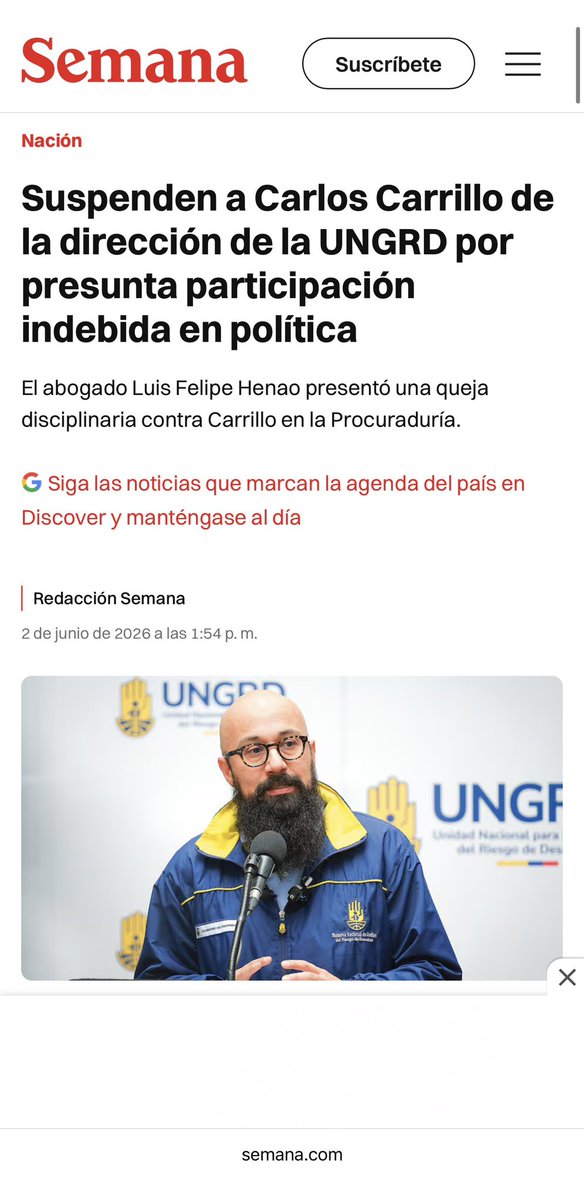 KeepOliver's tweet photo. NOTICIA 🚨// DISCIPLINARIO/ la @PGN_COL suspende al Director de la UNGRD Carlos Carillo por presunta Participación en Política https://t.co/0sEdcbGfPT