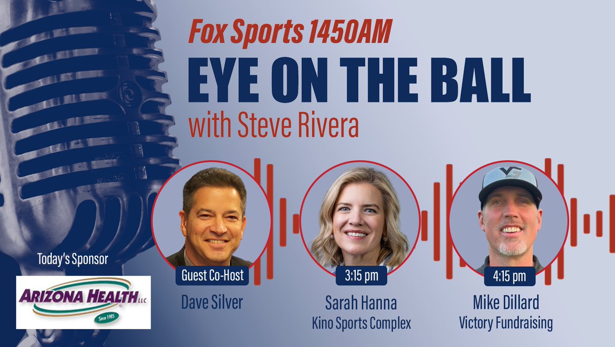 EyeTucson's tweet photo. Today with @steverivera95 &amp; @Dave_SilverAz 

3:15–  Sarah Hanna, Kino Sports Complex
4:15 –   Mike Dillard, Victory Fundraising

🕰3 p.m.-5 p.m.
📞(520) 416-7440
🎙https://t.co/rp8tPfDNpQ
📱@iHeartRadio, @ApplePodcasts, @Spotify https://t.co/D9PT2fMbDy