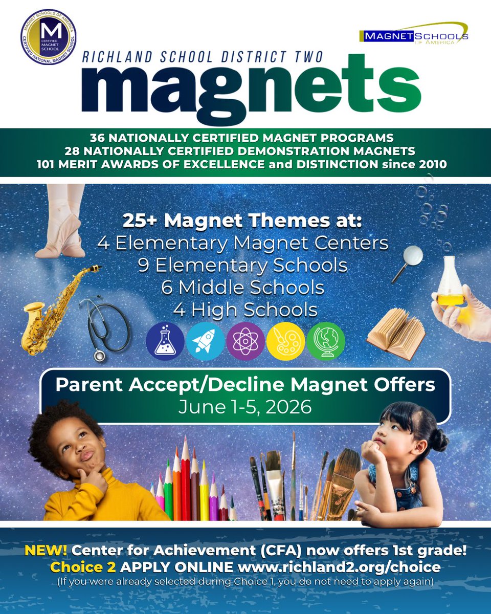 RichlandTwo's tweet photo. 🚨DON’T MISS OUT🚨 This week, June 1-5, is the week of Parent Accept/Decline Offers for Choice and Magnet programs. 
For more information: https://t.co/JND62uxvRH 🏫🤩
#PurposeDrivenFutureReady https://t.co/KMOhFyo3Fw