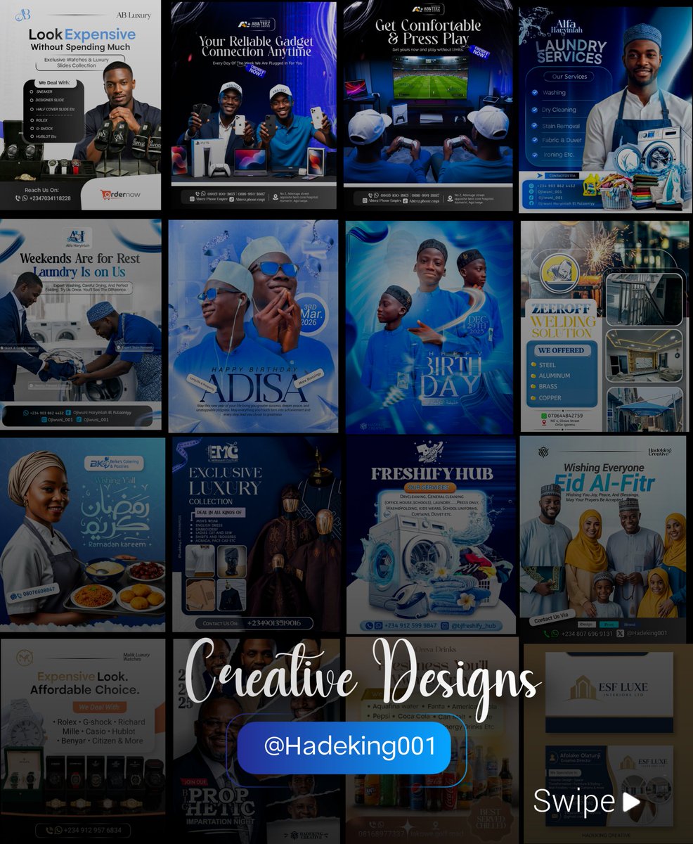 Hadeking001's tweet photo. Before you scroll...

This is HADEKING CREATIVE 

I create an impact through; 

Creative Designs, Islamic Designs
Premium Printing, Visuals for @seyi_vibez

If you've got a brand, business, event, or a vision that needs attention, you're in the right place.

📩 Open For Projects. https://t.co/72zyGsuDFv