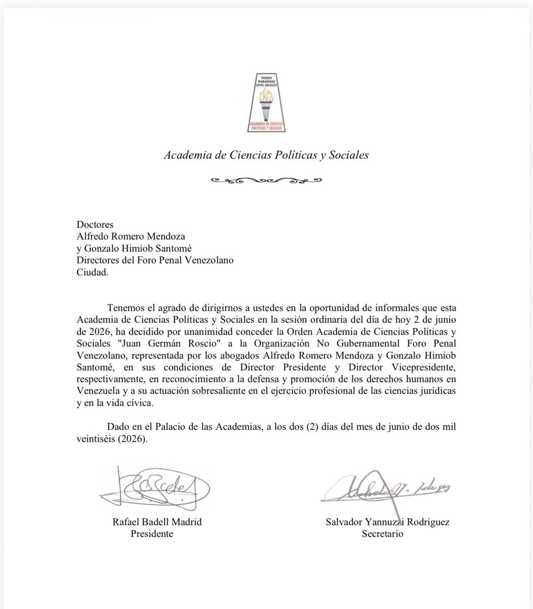HimiobSantome's tweet photo. Inmenso honor que nos concede la Academia de Ciencias Políticas y Sociales al otorgarnos por unanimidad la Orden “Juan Germán Roscio”, reconocimiento que nos fortalece e impulsa a seguir adelante en nuestra lucha por los derechos humanos.

¡Seguimos! https://t.co/2b0qpLHZ1m