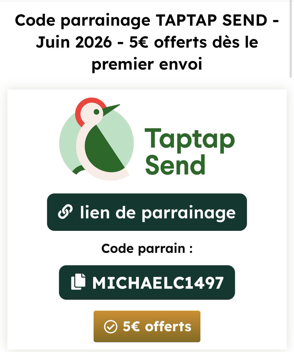 OParrainages's tweet photo. 𝙋𝘼𝙍𝙍𝘼𝙄𝙉𝘼𝙂𝙀 **** 🟢𝗧𝗔𝗣𝗧𝗔𝗣 𝗦𝗘𝗡𝗗 🦜**** MAI 2026
#kohlanta #reliques
✅ => 5️⃣€ - OFFERTS ‼️ suite à premier envoi d’argent à l’étranger de 300€ minimum.
✅ => Juste un code promo à saisir : MICHAELC1497
Toutes les infos ici 👇
https://t.co/jlb8FK0V71 https://t.co/u5inXiqJ26