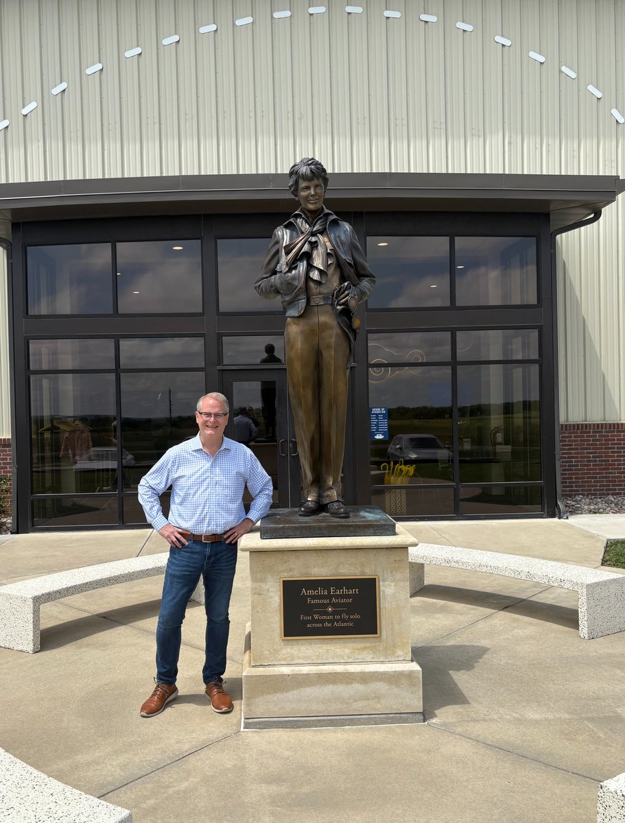 Hamilton4Kansas's tweet photo. Last Saturday, LaVon and I had the chance to celebrate one of Kansas’s greatest trailblazers, Amelia Earhart, at her hanger museum in Atchison. It was amazing to see the last remaining model of the plane from her attempt to fly around the world. Our state has such an amazing legacy of women making history. Amelia Earhart’s fearlessness is an inspiration to us all. Together, we as Kansans can leave the world a better place than we found it.