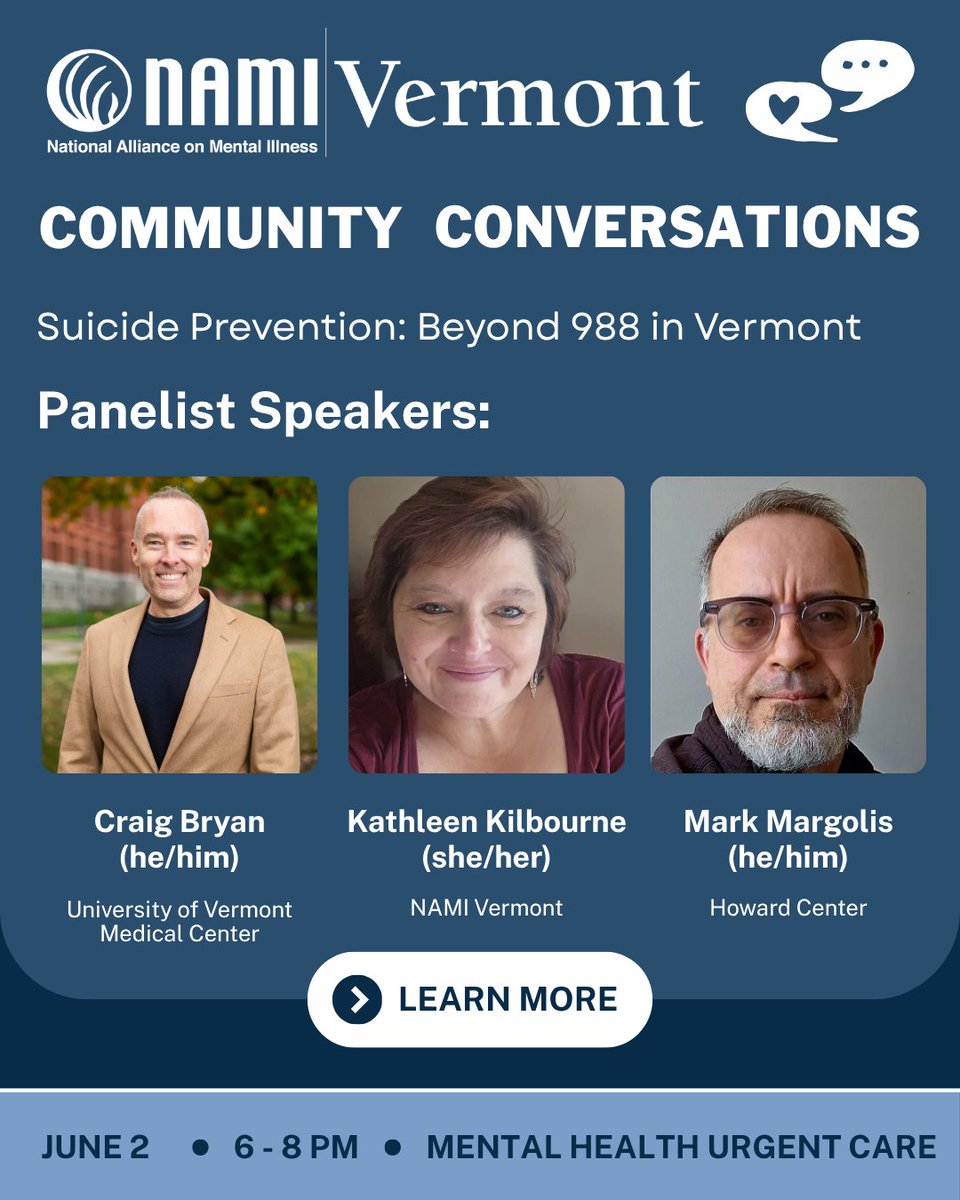 NAMIVT's tweet photo. Join us TONIGHT for a Community Conversation on Suicide Prevention!

This event is FREE and family-friendly–everyone is welcome! Ask questions, share your journey, and find healing.

Learn more about our panelists below!

RSVP here: https://t.co/1SiPTwDFQF https://t.co/BsICobdvCX