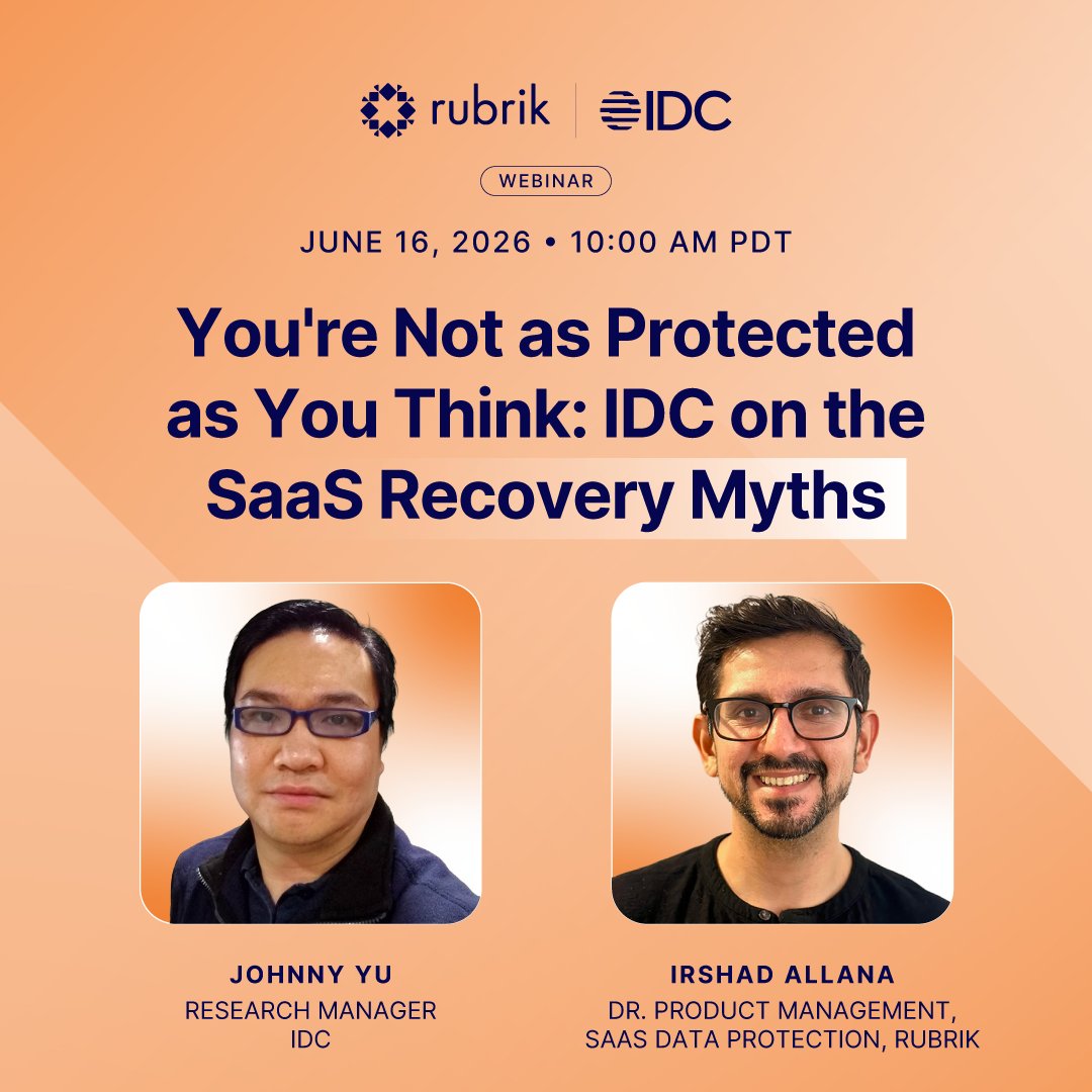 rubrikInc's tweet photo. Your SaaS apps came back online. Your data didn't. Most organizations won't know the difference until it's too late. 

The assumption that your SaaS provider handles recovery is the most expensive mistake IT leaders make. And most won't find out they made it until they're already in an incident. 

In this session, IDC analyst Johnny Yu joins us to break down what organizations actually get from native recovery tools 👉 https://t.co/IsnEI1ZFO5