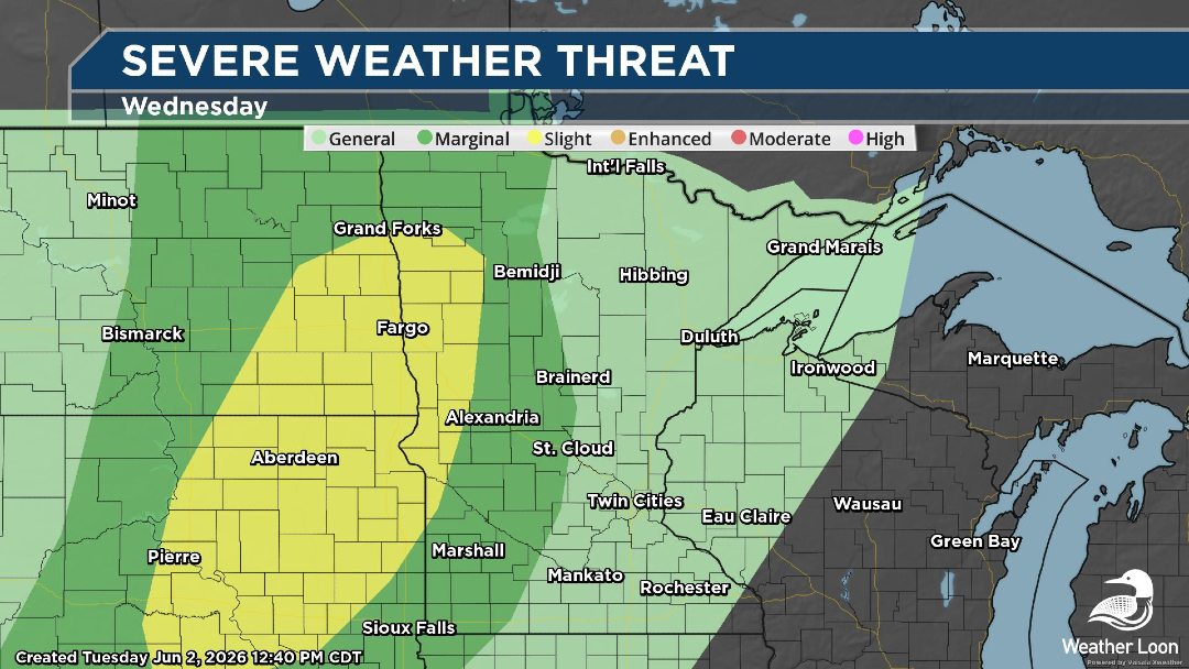 WeatherLoon's tweet photo. Unsettled weather builds in from the west Wednesday and Wednesday night. Some storms may be capable of damaging winds, large hail, and excessive rainfall. Additional storms are expected in the region Thursday and Friday. #WeatherLoon #mnwx https://t.co/hWmz6i5jin