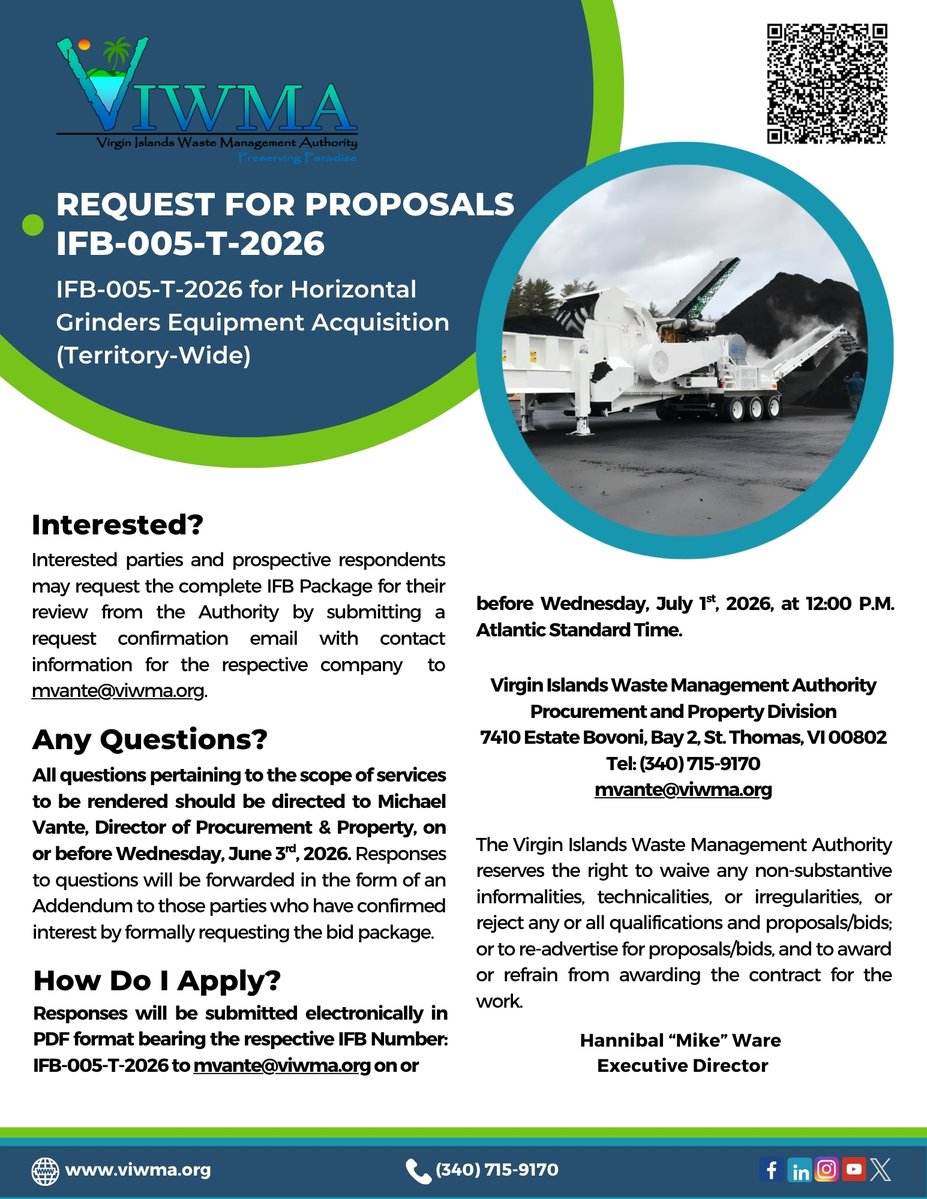 VIWMA's tweet photo. 📢 Don't Miss This Exciting Business Opportunity!
IFB-005-T-2026 - Horizontal Grinders Equipment Acquisition (Territory-Wide)
For more information, please visit: https://t.co/5B5qU9HIze
#VIWMA #PreservingParadise #businessopportunity https://t.co/Xib6YByUM1