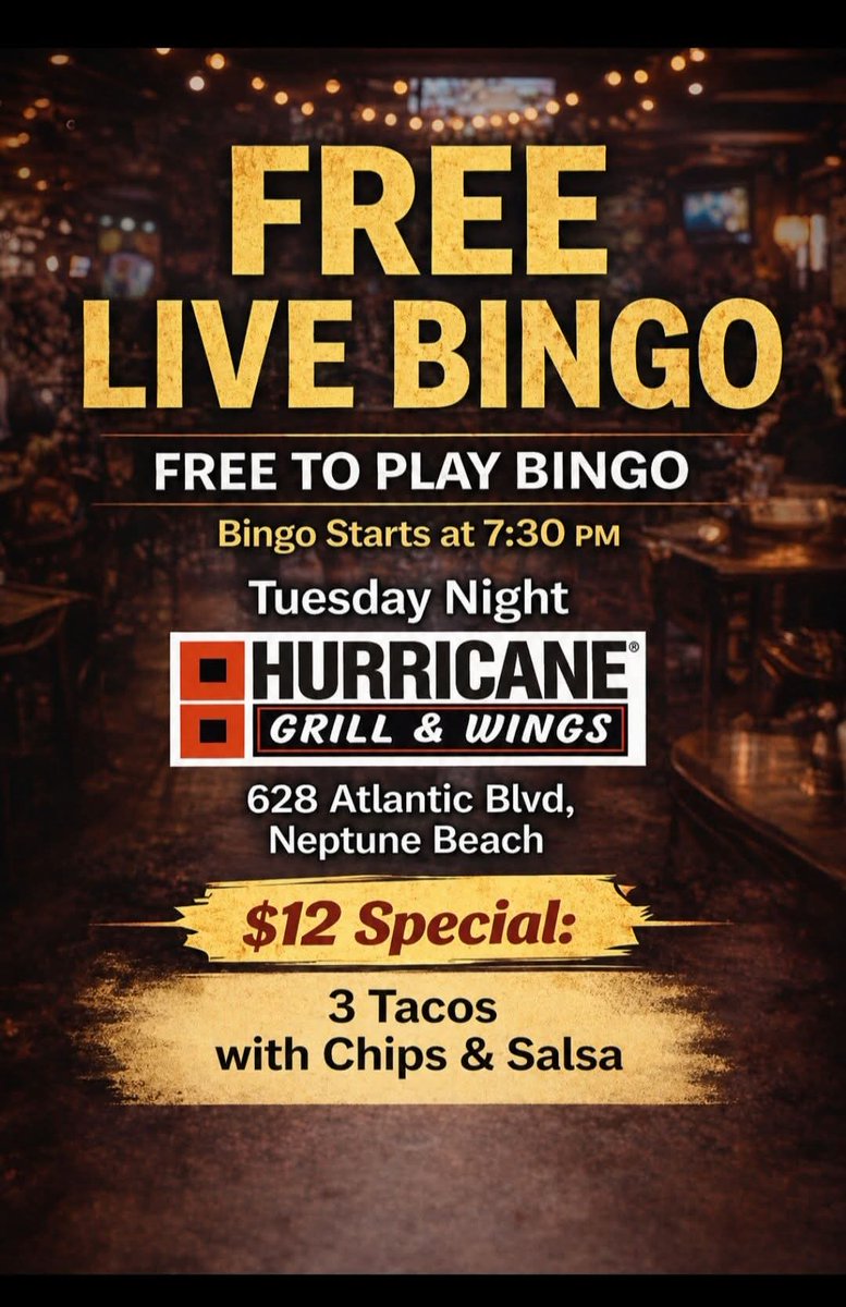 FastJaxTrivia's tweet photo. Join us for Free Live Bingo, this Tuesday night starting at 7:30 pm in Neptune Beach at Hurricane Grill and Wings at 628-6 Atlantic Blvd.  It's free to play.   Be there!  

#Bingo #TuesdayBingo #BingoNight #NeptuneBeach #FreeLiveBingo https://t.co/4M7MnjxeAg