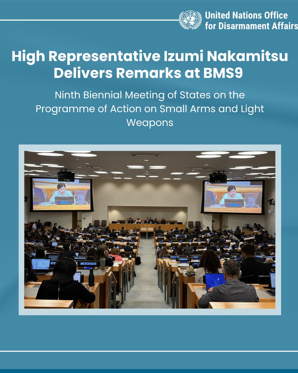 UN_Disarmament's tweet photo. On 1 June, High Representative @INakamitsu delivered remarks at the opening session of the Ninth Biennial Meeting of States on the Programme of Action on Small Arms and Light Weapons (#BMS9).

Link to full statement: https://t.co/8qo8Fe7YOR https://t.co/zivFxqLxdy