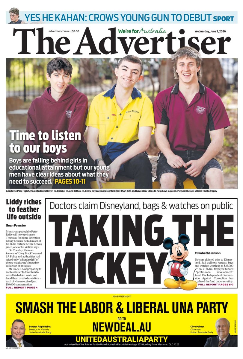 ukpapers's tweet photo. ▫ Taking the Mickey

▫A taxpayer-funded “professional development” fund for public health doctors has reimbursed costs for $23,000 watches and accommodation at Disneyland
▫@Eliz_henson
▫https://t.co/HreoEEoCqp

@theTiser #frontpagestoday #Australia 🇦🇺 https://t.co/DPGYEEdz8U