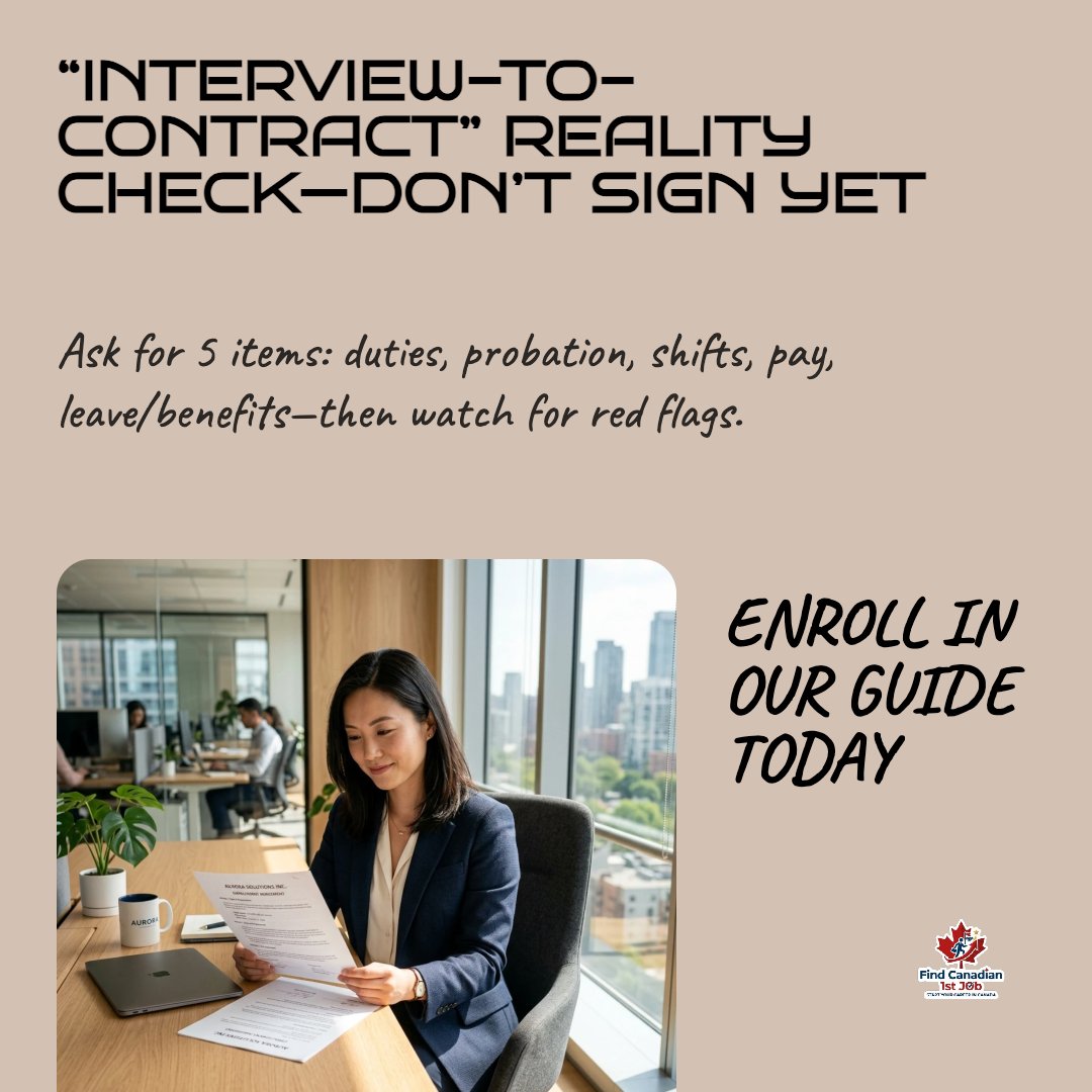 StartSmartCan's tweet photo. 🚩 You “passed the interview”… then the contract feels fuzzy. Before you sign anything, we help you map the job to Canada’s workplace reality—so wage/hours issues don’t turn into a fight later. Use this 5-step paper trail checklist: 1) Job title + DUTIES Make sure what you’ll do https://t.co/a9kSfMobsd