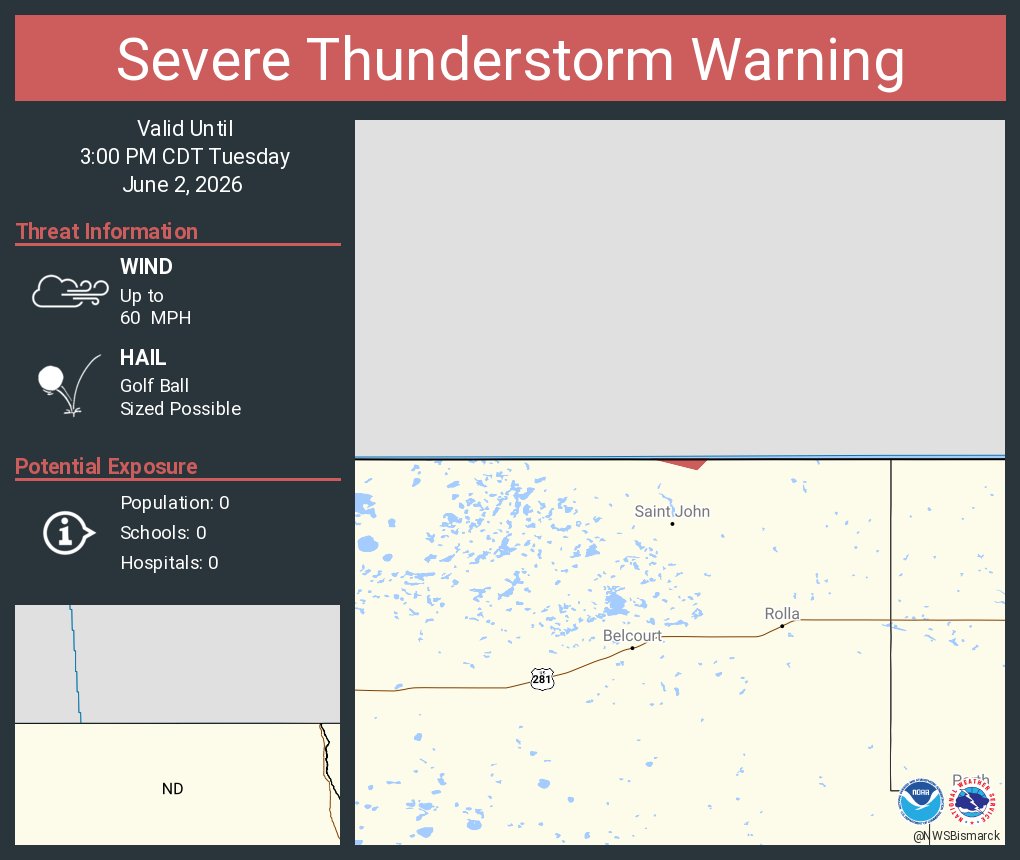 NWSSevereTstorm's tweet photo. Severe Thunderstorm Warning continues for Rolette County, ND until 3:00 PM CDT. This storm will contain golf ball sized hail! https://t.co/wmwTJL4675
