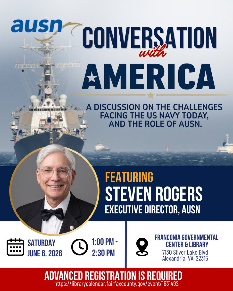 ausntoday's tweet photo. Join AUSN Executive Director Steven Rogers for an engaging discussion focused on the future of the Navy, national security, and the importance of advocacy for sailors, veterans, and military families. 

Register today: 
https://t.co/xVPcQQxUHF https://t.co/CjDlmIGgem
