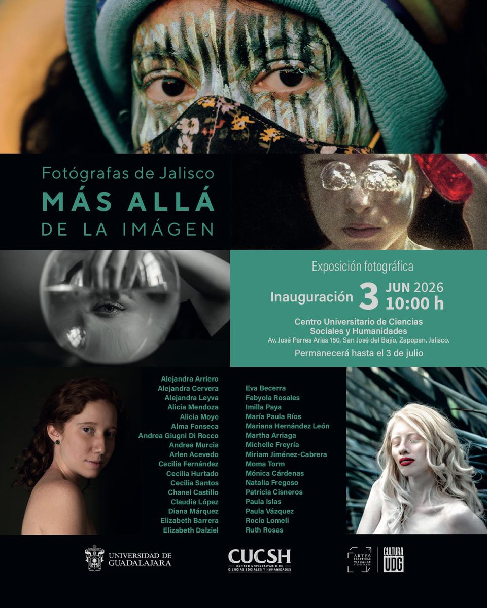 Butaca_UDG's tweet photo. 📸✨ Las miradas a través de la lente de 33 mujeres se reúnen bajo la exposición “Fotógrafas de Jalisco: más allá de la imagen”.

🗓 Inauguración: 3 de junio

⏰ 10:00 h

📍 Galería María Izquierdo

CUCSH

📆 Permanecerá abierta hasta el 3 de julio.

¡Entrada libre! ✨📷 https://t.co/w0HzXXuCbm