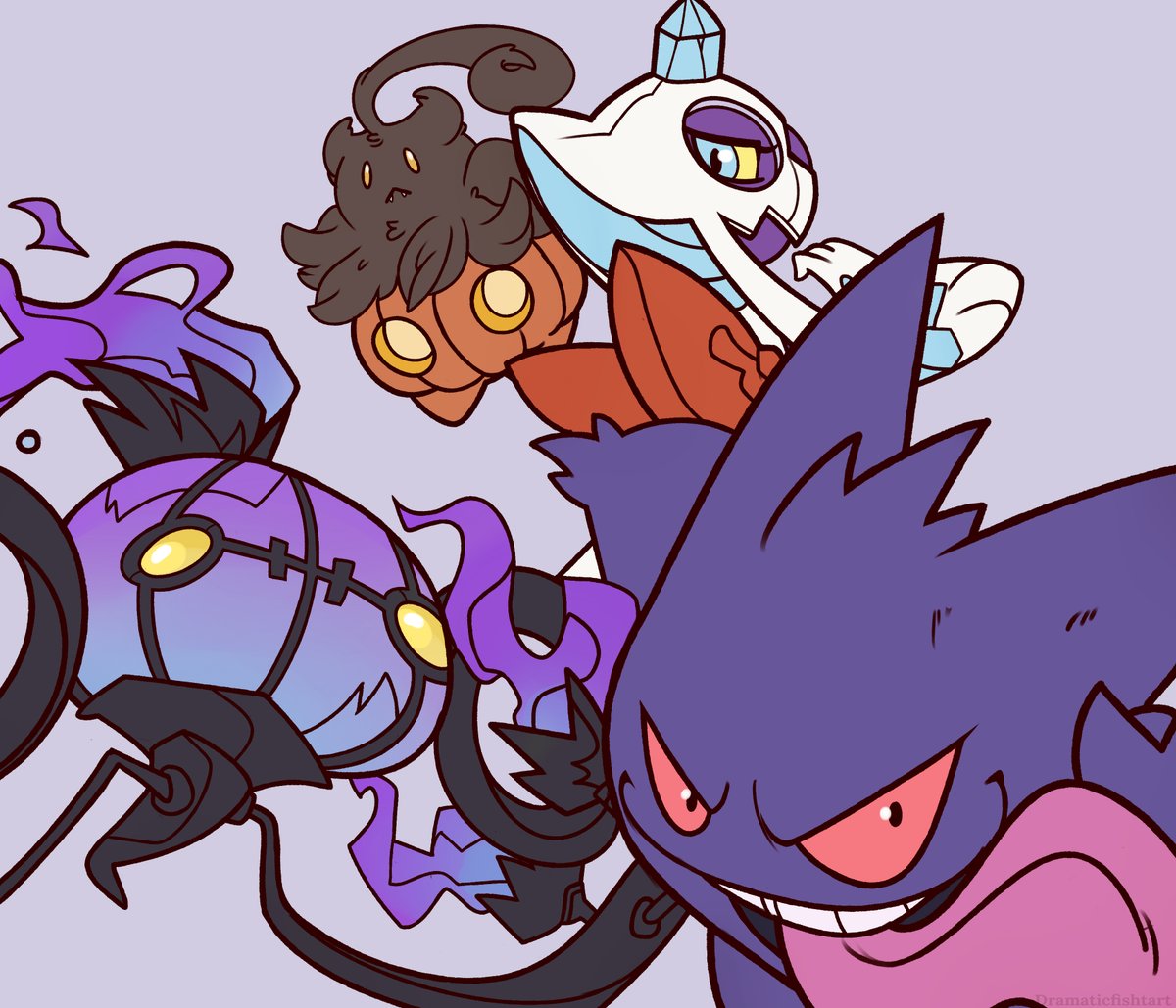 Dramaticfishart's tweet photo. From Halloween 2024 #pokemon #gengar #froslass #chandelure #pumpkaboo https://t.co/ILB7K9zbAW
