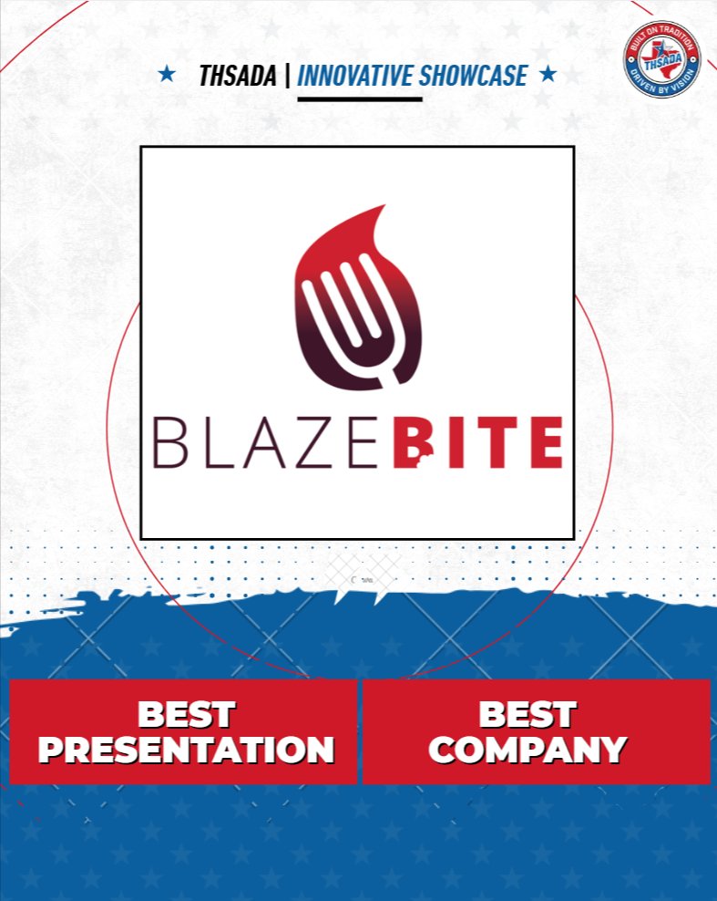 OfficialTHSADA's tweet photo. Congratulations to @realblazebite (#215 on the tradeshow floor) which won both Best Presentation and Best Company in attendee voting at our second-annual Innovative Showcase Live! earlier today. 

Tapeletics (#221) finished runner-up in Best Presentation and @VerticalRaise  was No. 2 for Best Company.

Thank you to all attendees and companies who attended and participated!