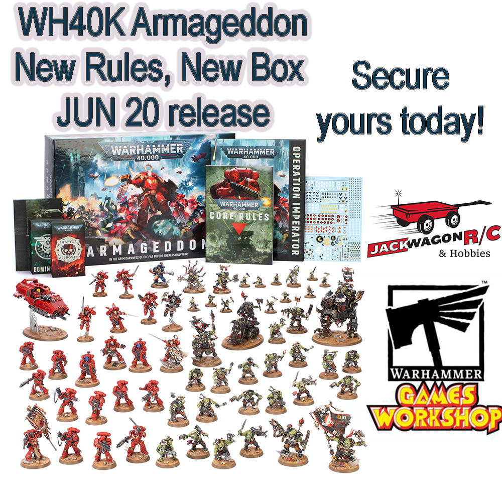 jackwagonrc's tweet photo. Exciting new Warhammer 40K boxes are on the way! ⏰ Limited stock—once they're gone, they’re gone! Secure yours now! 🎲 #Warhammer40K #TabletopGaming #HobbyCommunity 
- 23 Space Marines  
- 38 Orks  
- Core Rules booklet  
- Armageddon lore book  
- Mission Deck 2026-27 https://t.co/ycN3rH8fCH