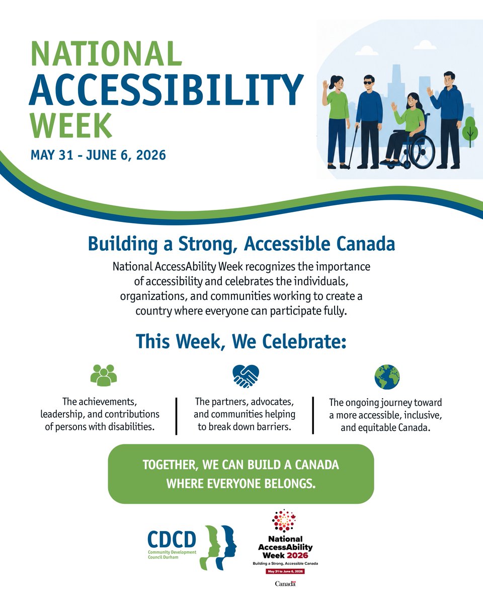 CDCDurham's tweet photo. This National AccessAbility Week, we celebrate the contributions and leadership of persons with disabilities and recognize the ongoing efforts to build a more accessible and inclusive Canada. Together, we can create communities where everyone belongs.
#NationalAccessAbilityWeek https://t.co/lFMzSZyVMm