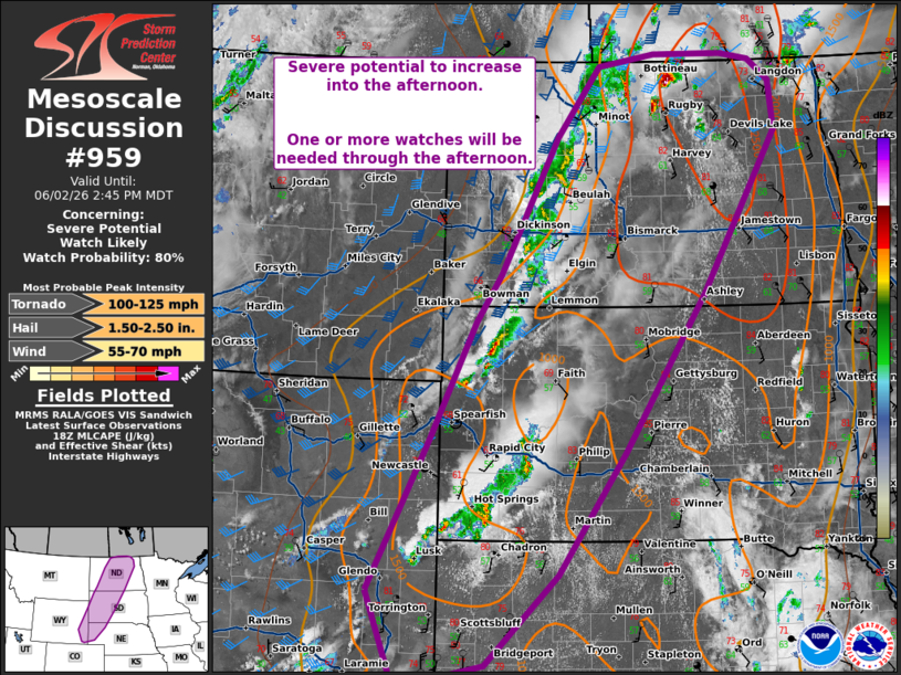 CC_StormWatch's tweet photo. One or two watches are likely in the western and central Dakotas ahead of a cold front. Large hail is likely and a few tornadoes are possible (especially in SD). #NDwx #SDwx https://t.co/Qs9e5W4Wd4