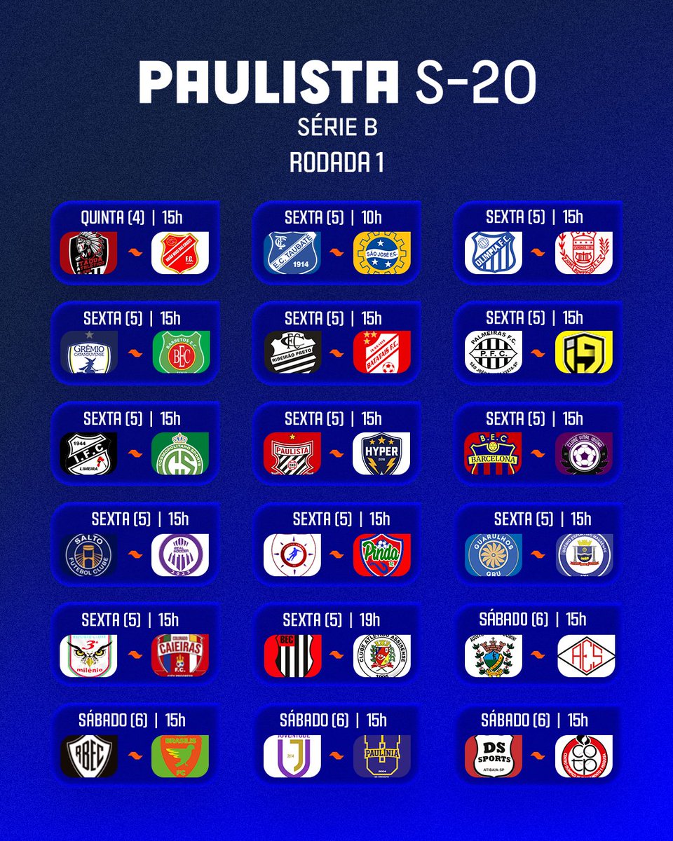 Copinha's tweet photo. VAI COMEÇAR O PAULISTA SUB-20 SÉRIE B!
Se liga nos jogos da 1ª rodada!
#PaulistaSub20SérieB https://t.co/Z5x0IQAmzn
