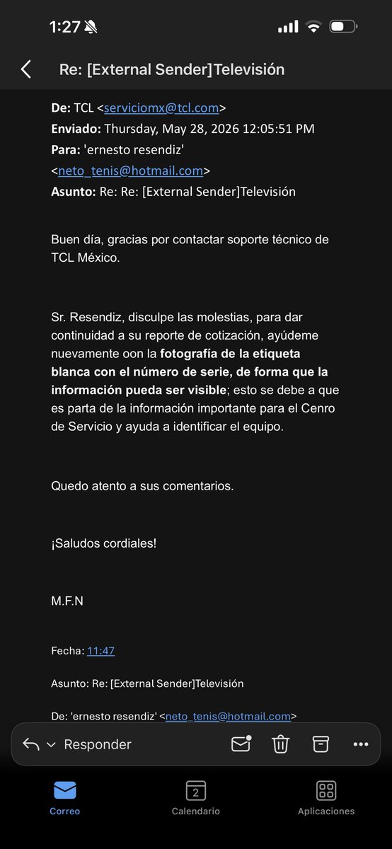 NetoResendizD's tweet photo. @tclmex @TCL_Global 

Nunca subo este tipo de cosas pero creo que lo amerita🫠. Llevo más de una semana insistiendo con ustedes por todo tipo de redes, la única que medio me contestan es por correo, por whatssapp Ni me contestan y por llamada no me resuelven nada. https://t.co/u9PFMXWfW8