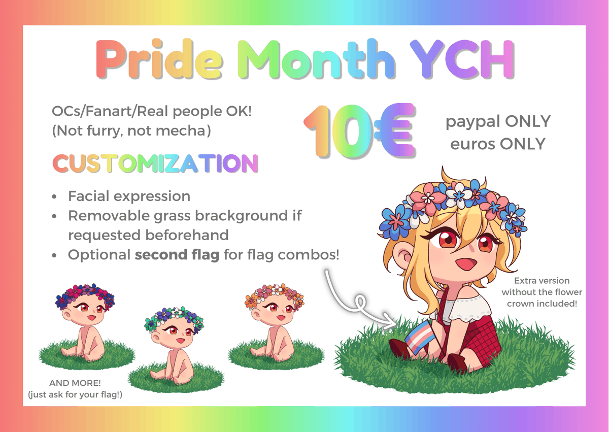 stxrmdancer's tweet photo. hello hello happy pride month!!!

im opening ych comms for june! please feel free to ask any question!! by default i do the flower crown without the little flag, but you can request to add or remove different elements when you send me what you want <3 https://t.co/5nRzRa33mb
