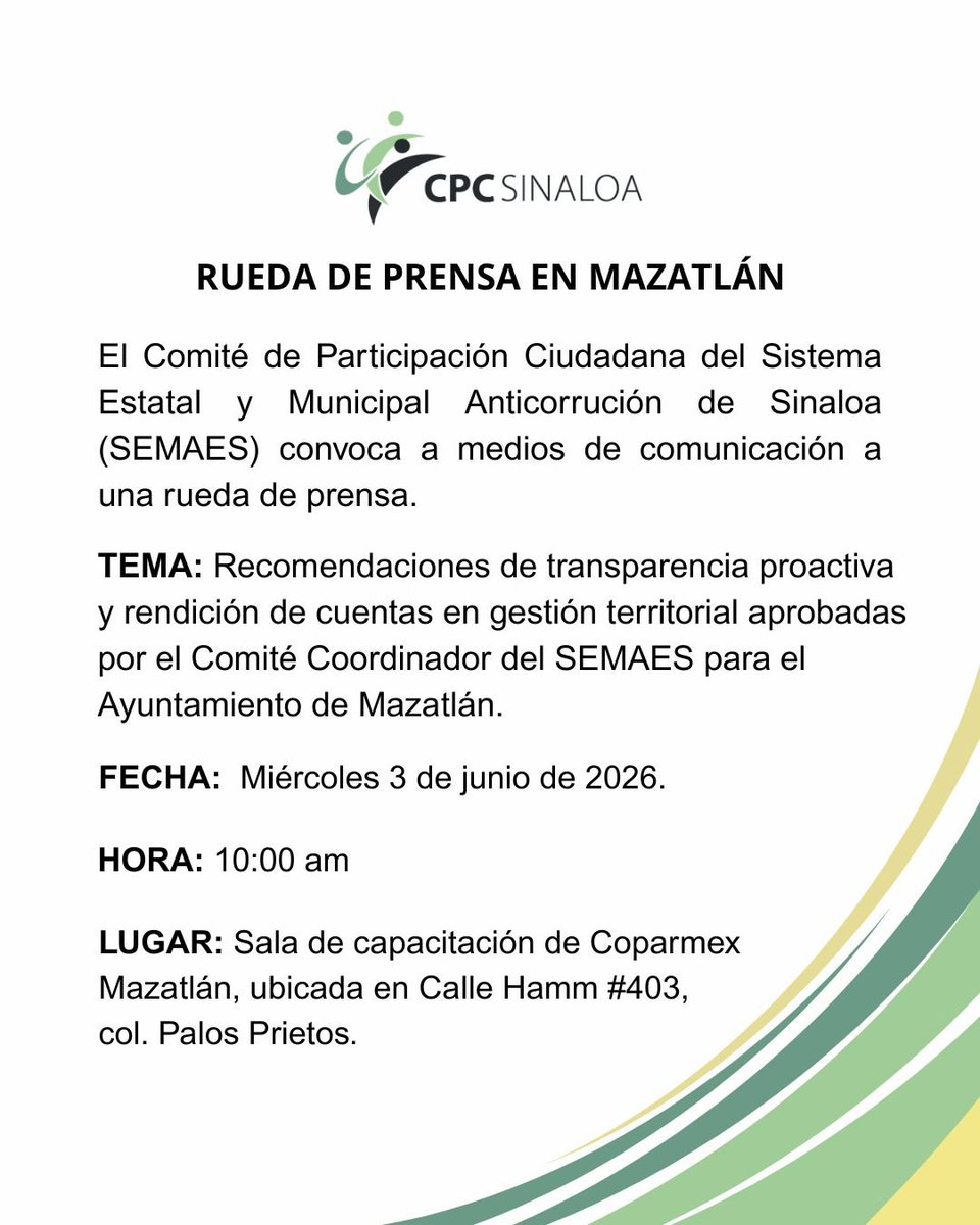 cpcsinaloa's tweet photo. 🌊🏨 El Comité de Participación Ciudadana del Sistema Estatal y Municipal Anticorrupción de Sinaloa informará mañana sobre las dos Recomendaciones de transparencia proactiva y rendición de cuentas en gestión territorial aprobadas por las autoridades del Comité Coordinador para el Ayuntamiento de Mazatlán. 
📢 Necesitamos municipios transparentes, comprometidos con la prevención de faltas administrativas y corrupción, sobre todo en un contexto de acelerado desarrollo inmobiliario, propiciado por la actividad turística y el crecimiento demográfico.  
@CoparmexMzt @GobDMazatlan @_Estrella_pd #Mazatlán #Sinaloa