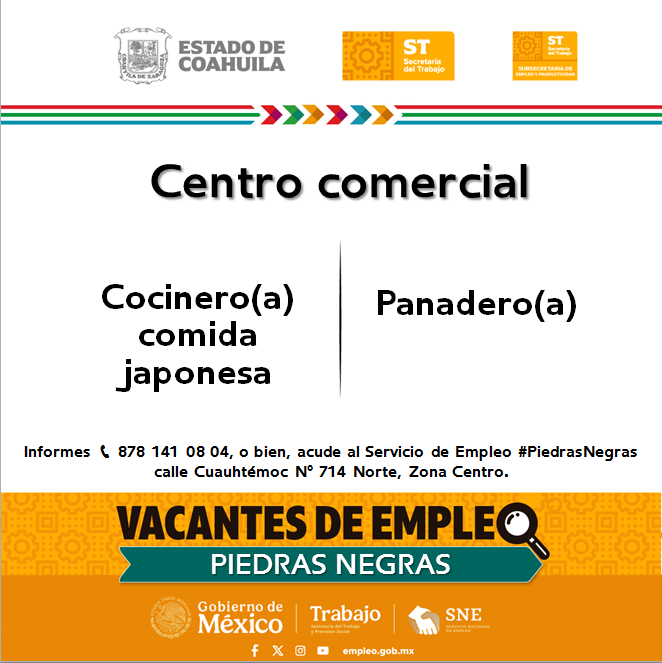 SNEPIEDRAS's tweet photo. 📢Vacantes de empleo en #RegiónNorte  #PiedrasNegras
 
📌 Servicio de Empleo #PiedrasNegras
 📍 Dirección: Cuauhtémoc N° 714 Norte, Zona Centro
📞 Informes: 878 141 08 04

Contáctanos hoy mismo.  

#Coahuila https://t.co/S3qCpWsbV8