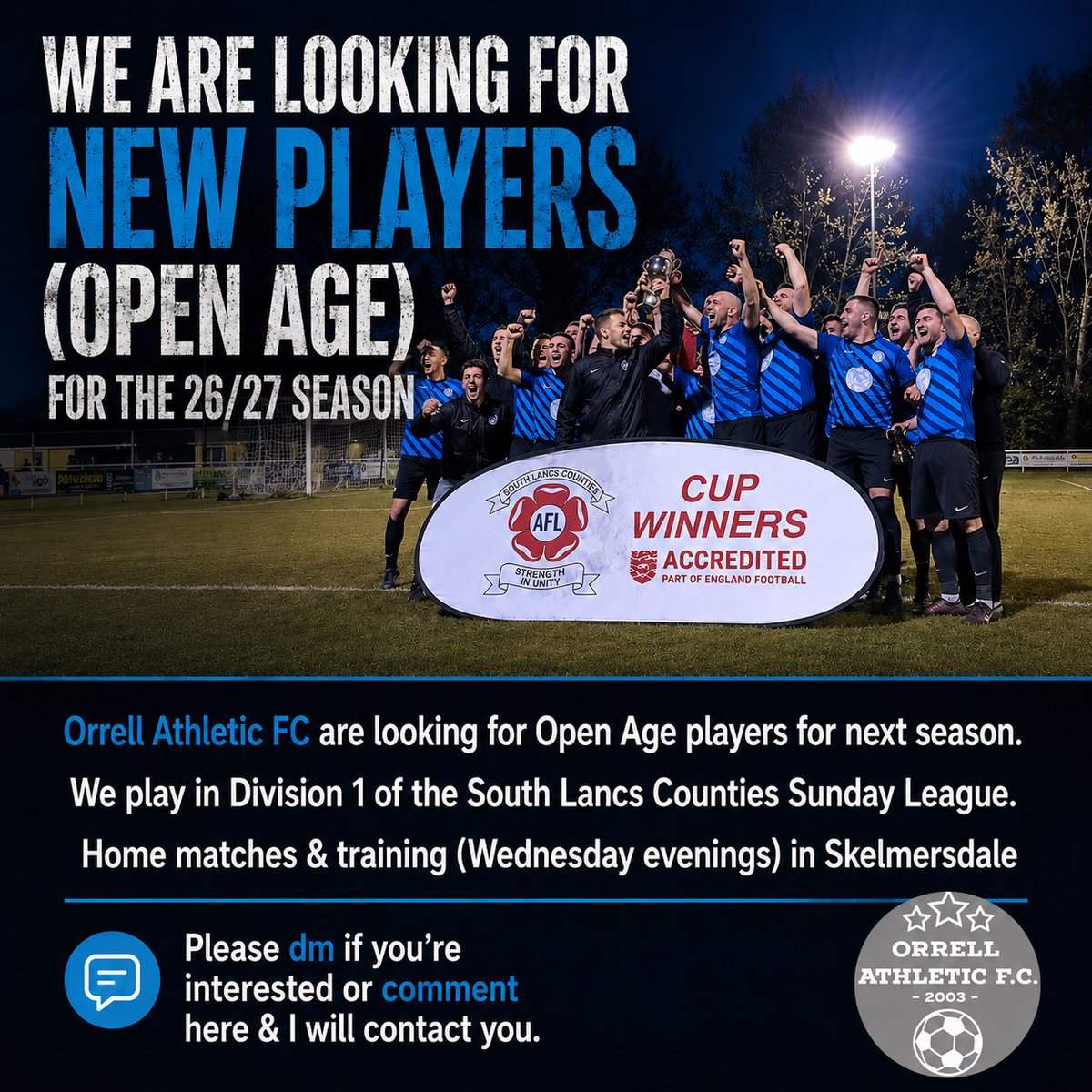 orrell_fc's tweet photo. ⚽️ We are looking for new players for Sunday morning matches - Home fixtures &amp; Training based in Skelmersdale WN8 - We compete in the South Lancs Counties ⚽️ Open Age Football - Please follow &amp; DM us and feel free to retweet / share our post! 👍 https://t.co/p3SigBMVgC