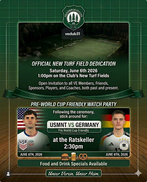 VEClub's tweet photo. REMINDER!! The official dedication for our new turf fields will be held this Sat at 1pm!  All are welcome including members, teams, coaches,friends, soccer lovers.The ceremony will be followed by a watch party in the Ratskeller for the USMNT vs Germany World Cup scrimmage at 2pm! https://t.co/l52MnussmF