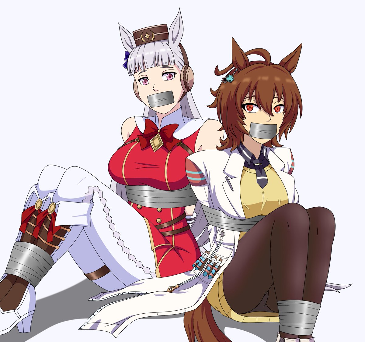 MetalFMPA's tweet photo. (background is a screenshot from the game)

Two of Tracen  Academy's most chaotic and unpredictable students; Gold Ship and Agnes  Tachyon. Their trainer felt it was high time that they were reigned in. 

Golshi thinks its a game, but Tachyon hates having her research delayed... https://t.co/YwcCb3MFOg