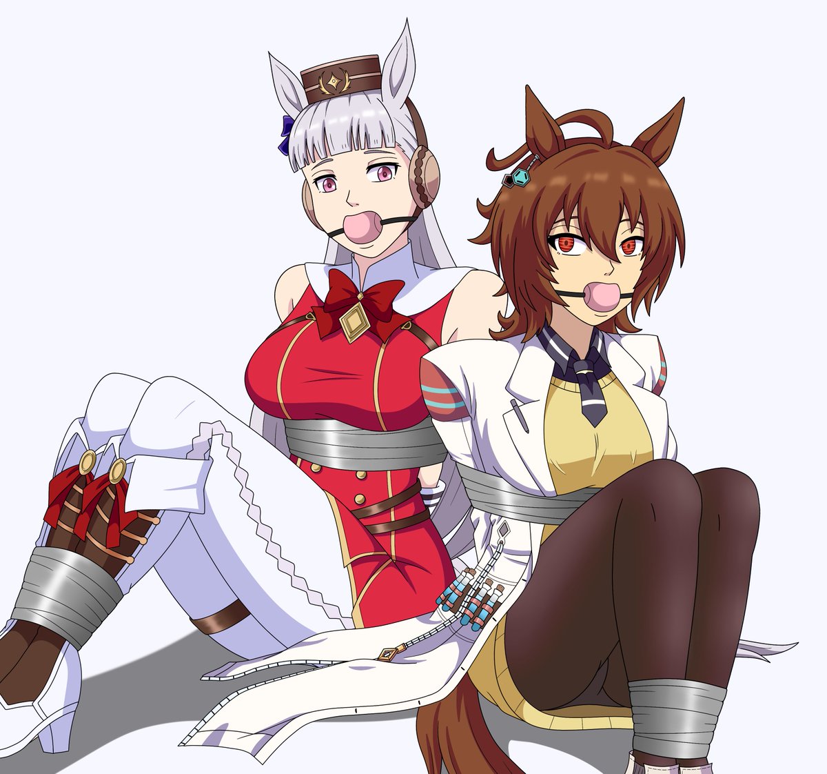 MetalFMPA's tweet photo. (background is a screenshot from the game)

Two of Tracen  Academy's most chaotic and unpredictable students; Gold Ship and Agnes  Tachyon. Their trainer felt it was high time that they were reigned in. 

Golshi thinks its a game, but Tachyon hates having her research delayed... https://t.co/YwcCb3MFOg