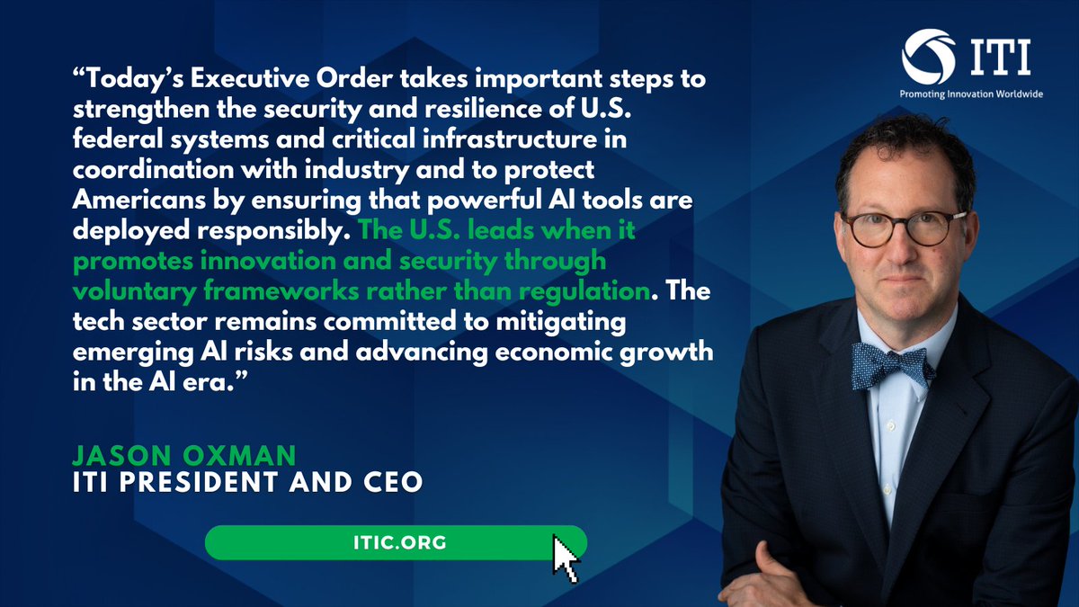 ITI_TechTweets's tweet photo. .@POTUS' Executive Order on Promoting Advanced AI Innovation and Security takes important steps to strengthen U.S. federal systems &amp; critical
infrastructure while ensuring powerful AI tools are deployed responsibly. 

Read more from ITI’s @JOxman ⬇️
#AI #TechPolicy https://t.co/Wtx97Lz3Cx