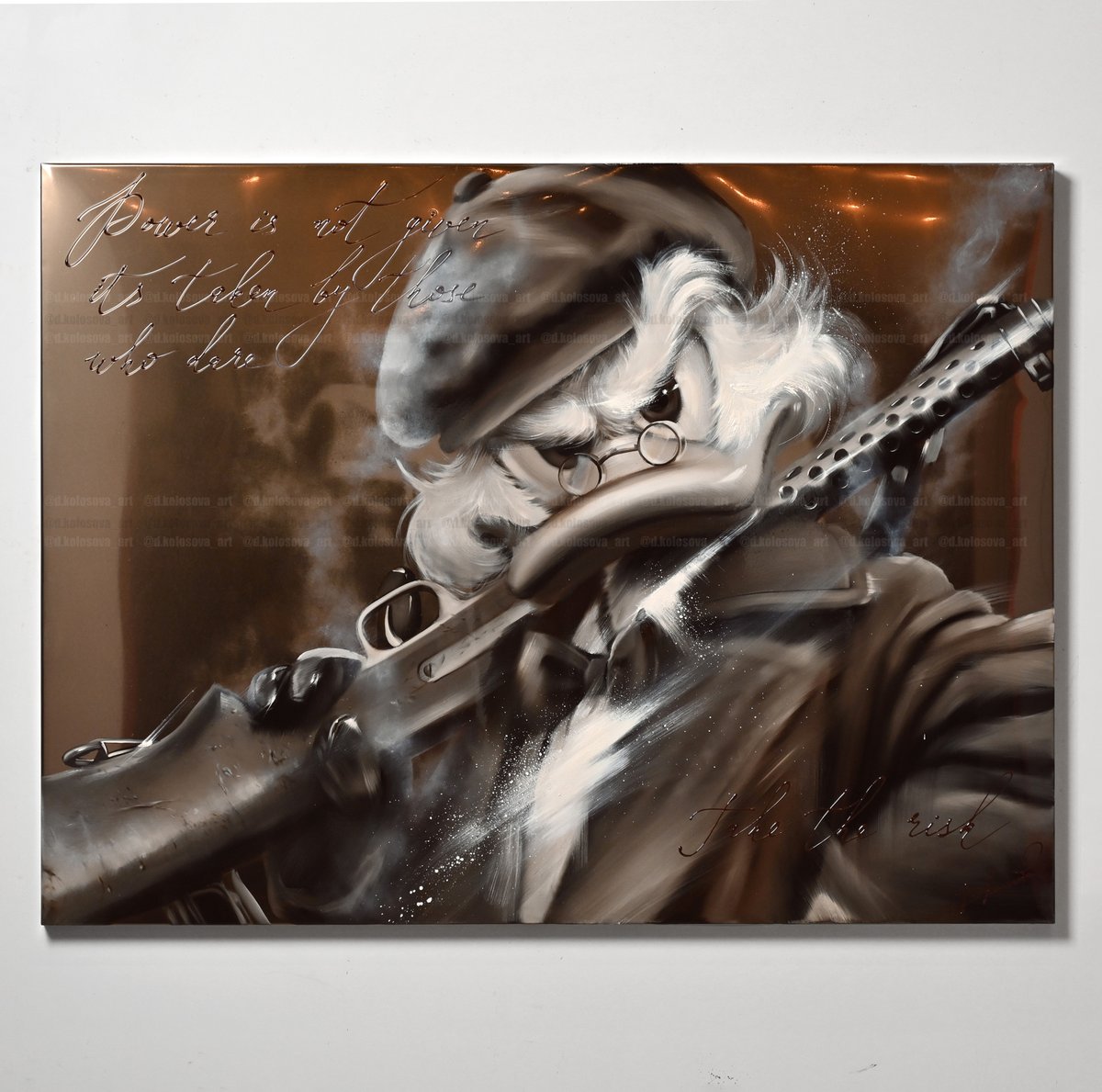 dkolosova_art's tweet photo. "Peaky Duck" 
oil on metal canvas, size 124x94 cm

“Take The Risk” is not just an artwork — it is a mirror of inner power.
A reminder that true strength is born in those moments when hesitation burns away and only intention remains.
The character in the image stands on the edge between fear and determination — the same edge every bold person knows well.

It is the energy of those who move forward even when the path is unclear.
The ones who don’t wait for permission. The ones who act.
Risk becomes their language, courage their compass.

This piece carries the pulse of decisive action — the kind that changes the trajectory of a life.
For those who see themselves as fighters, builders, visionaries…
For those who choose motion instead of doubt…
This artwork becomes a personal emblem — a silent but unbreakable reminder of who you are at your most powerful.

A talisman for anyone who is ready to take the risk.