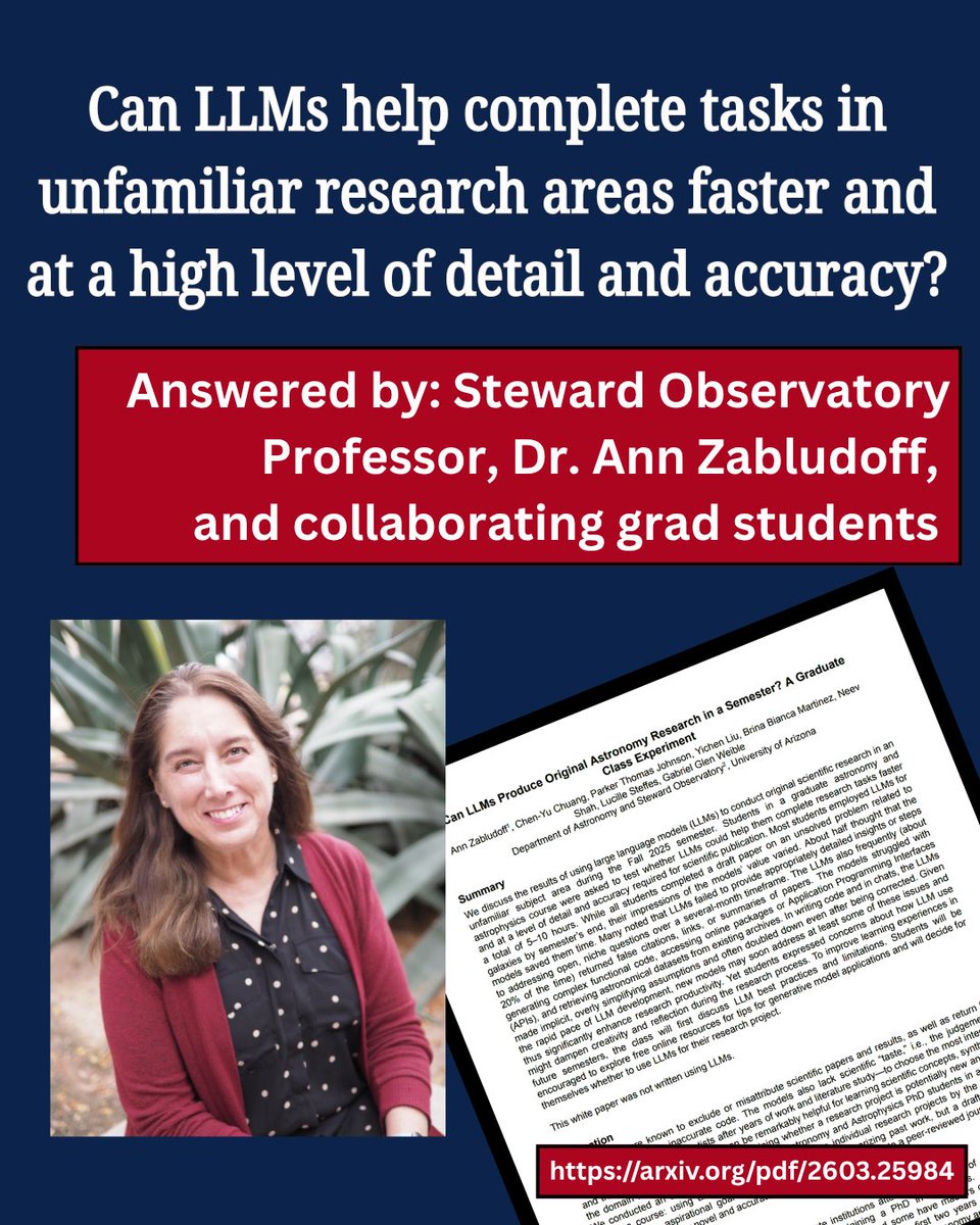 StewardAstro's tweet photo. Check out this paper, written by Steward Observatory Professor Ann Zabludoff! In this paper, she discusses the projects she assigned as part of the Galaxies course (ASTR540) using large language models (LLMs). Check out the full paper for more information: https://t.co/FQlGAArdGy https://t.co/q1V7QY7PcR